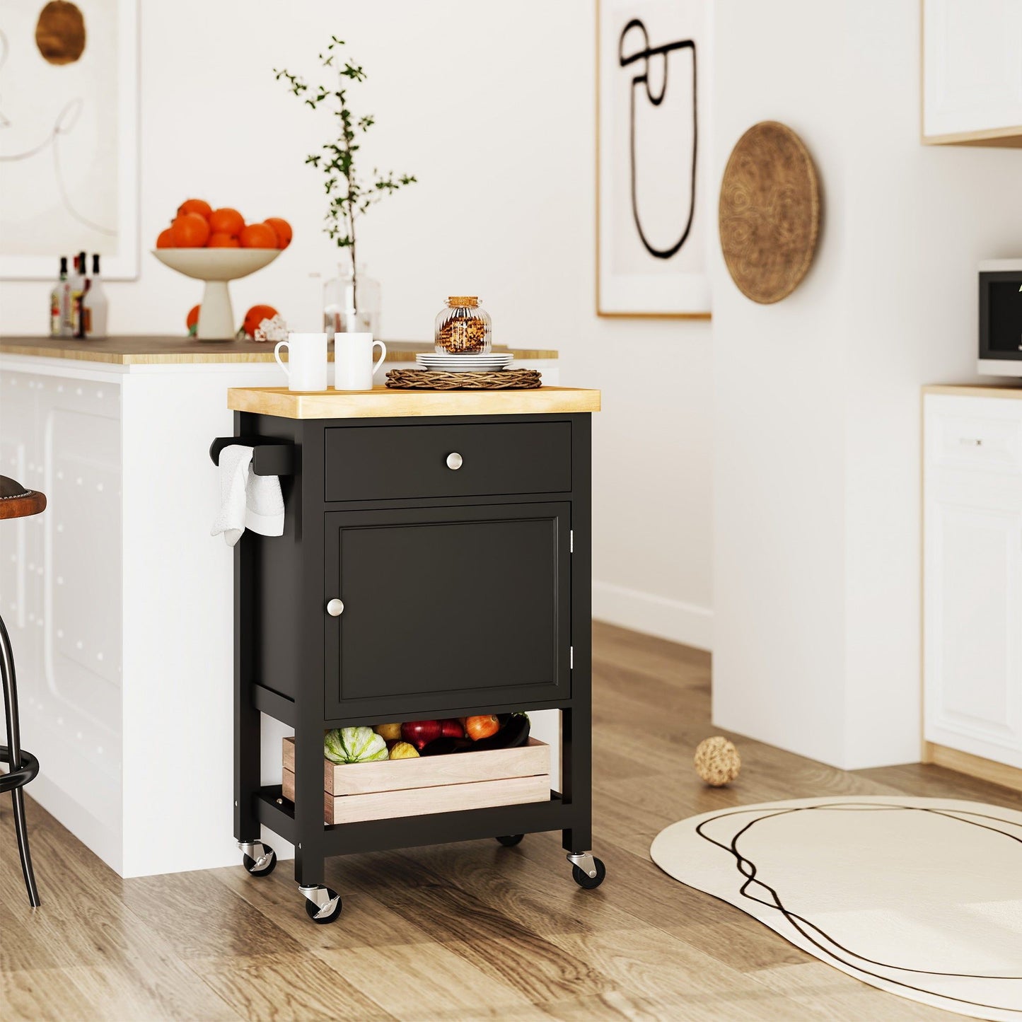 Rolling Kitchen Island Cart with Wood Top - Black