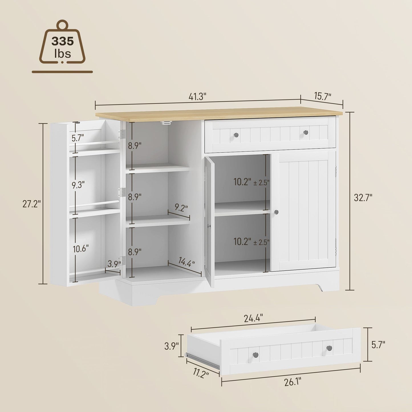 41" Sideboard Buffet Cabinet with 3 Doors - White