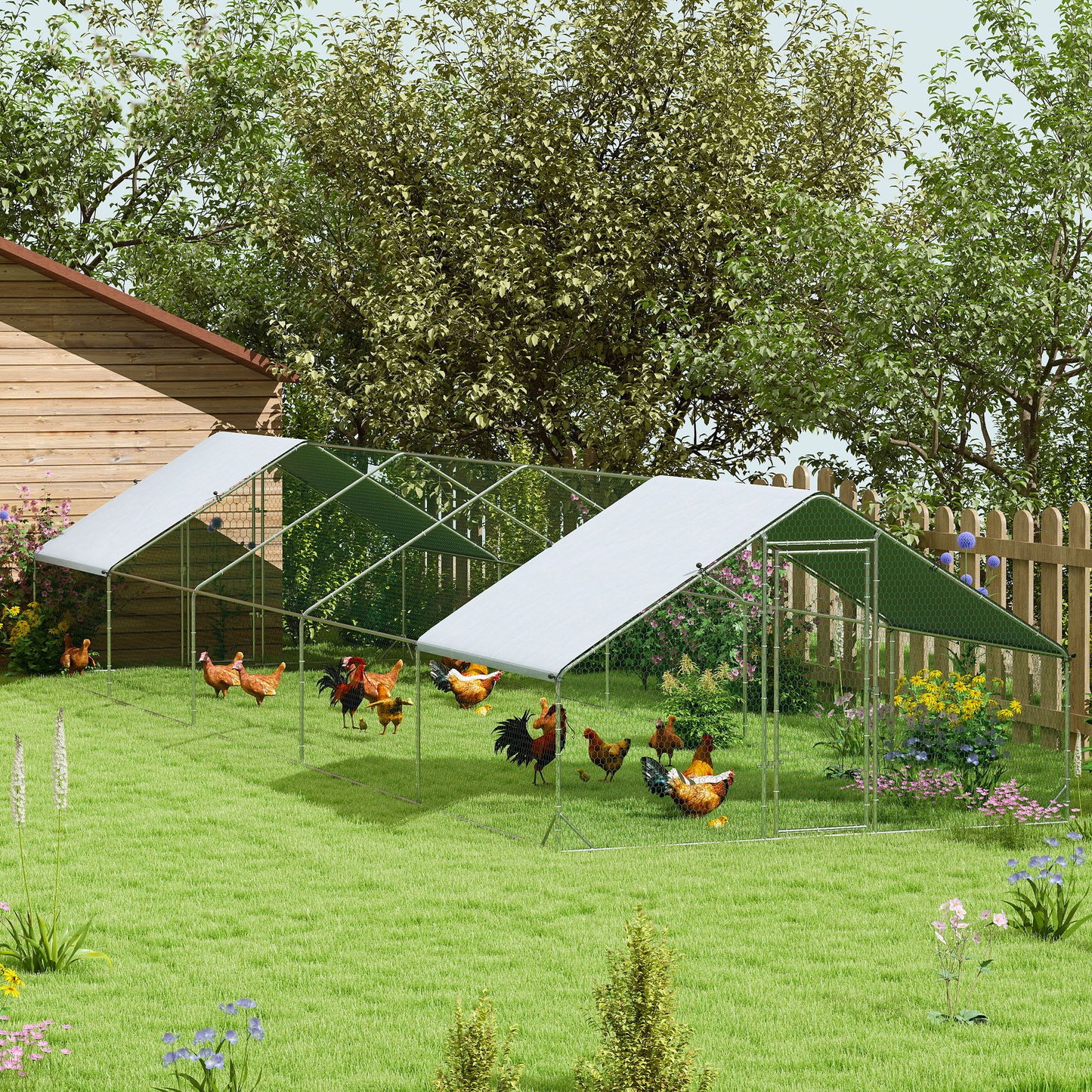 Metal Chicken Coop with Water- and UV-Protection Cover for Backyard Hen, Duck, Rabbit, 9.8' x 32.8' x 6.4'