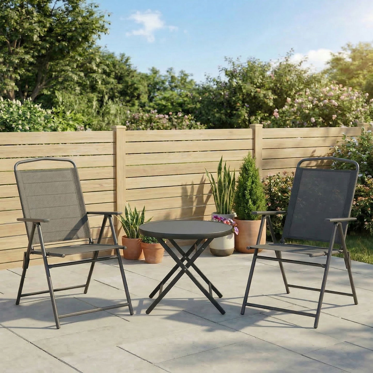 3 Pieces Bistro Set, Foldable Patio Furniture Set with Mesh Chairs, Glass Table for Garden, Balcony, Charcoal Grey