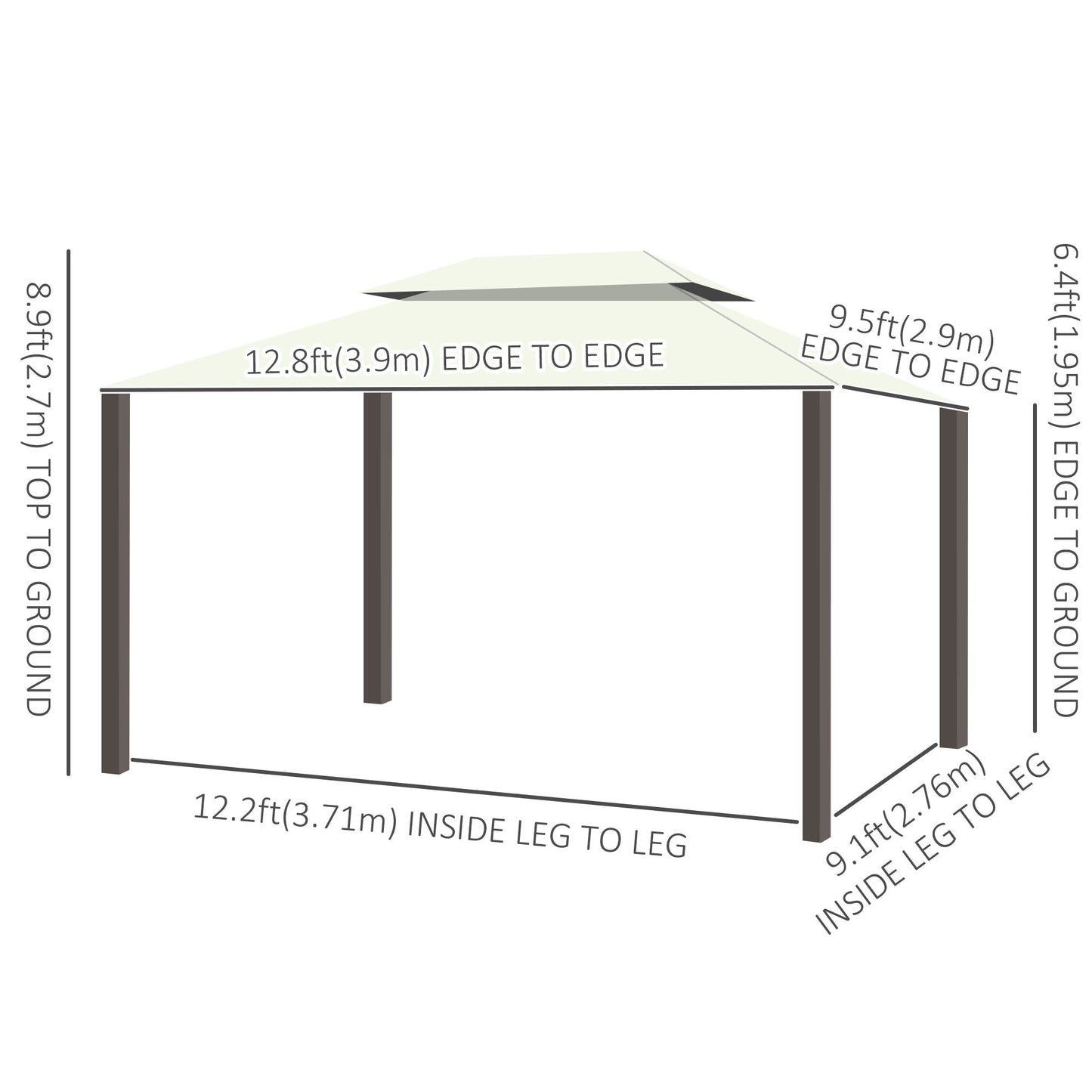 10'x13' Soft-top Aluminum Gazebo Deck Canopy Double Tier Garden Shelter with Netting and Curtains, Cream White