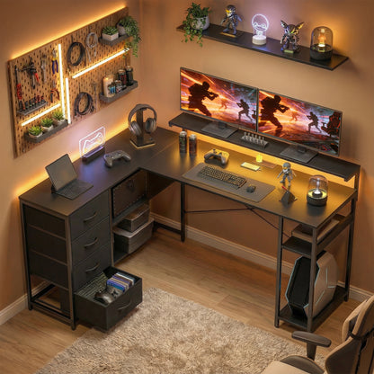 61" Gaming Desk with LED Lights and Power Outlets