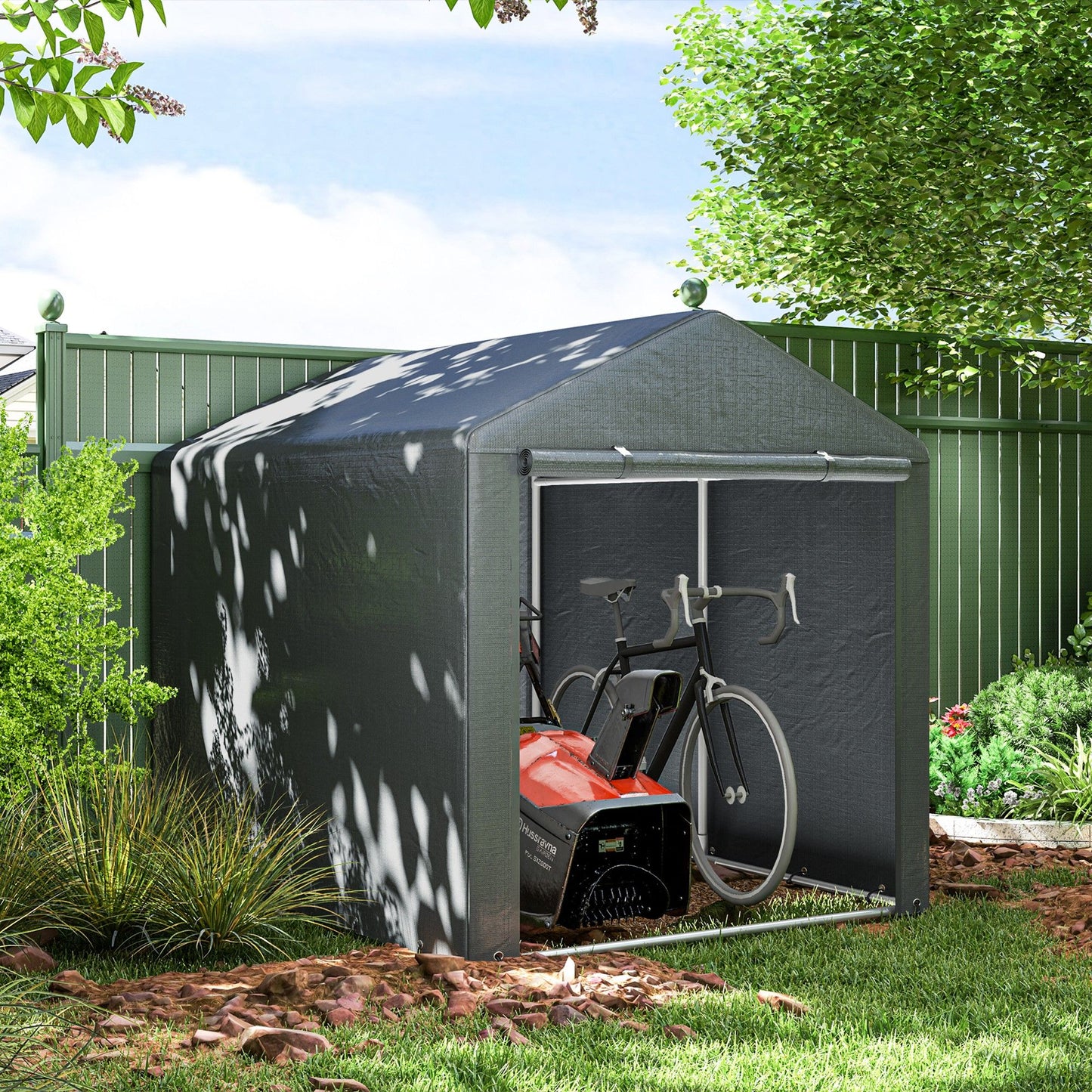 Portable Bicycle Shed with Galvanised Steel Frame and Large Door, Waterproof Outdoor Shed for Garden Tools, Dark Grey