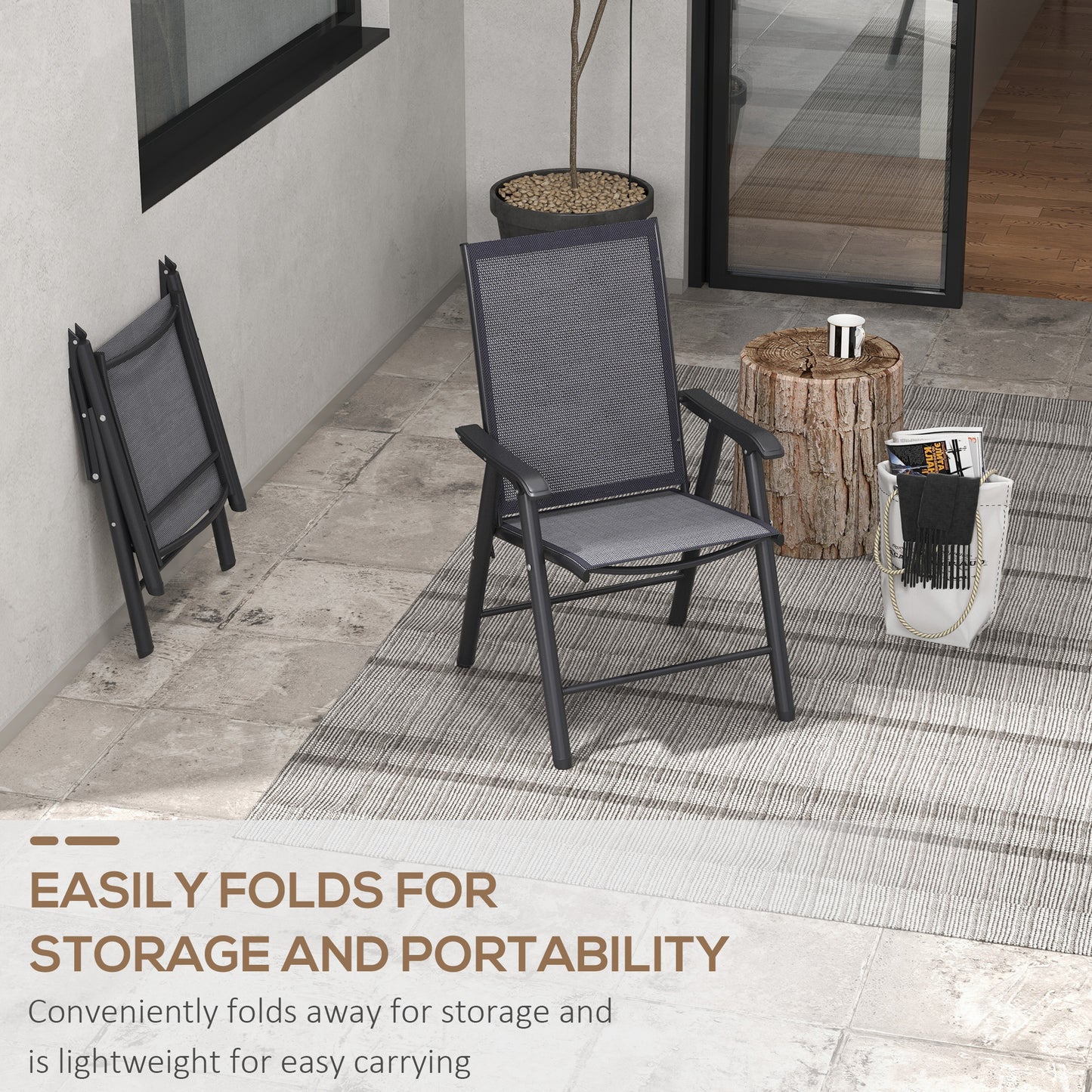 2-Piece Folding Chair Set for Relaxing on Patio Balcony Garden, Comfortable Outdoor Furniture with Armrests, Dark Grey
