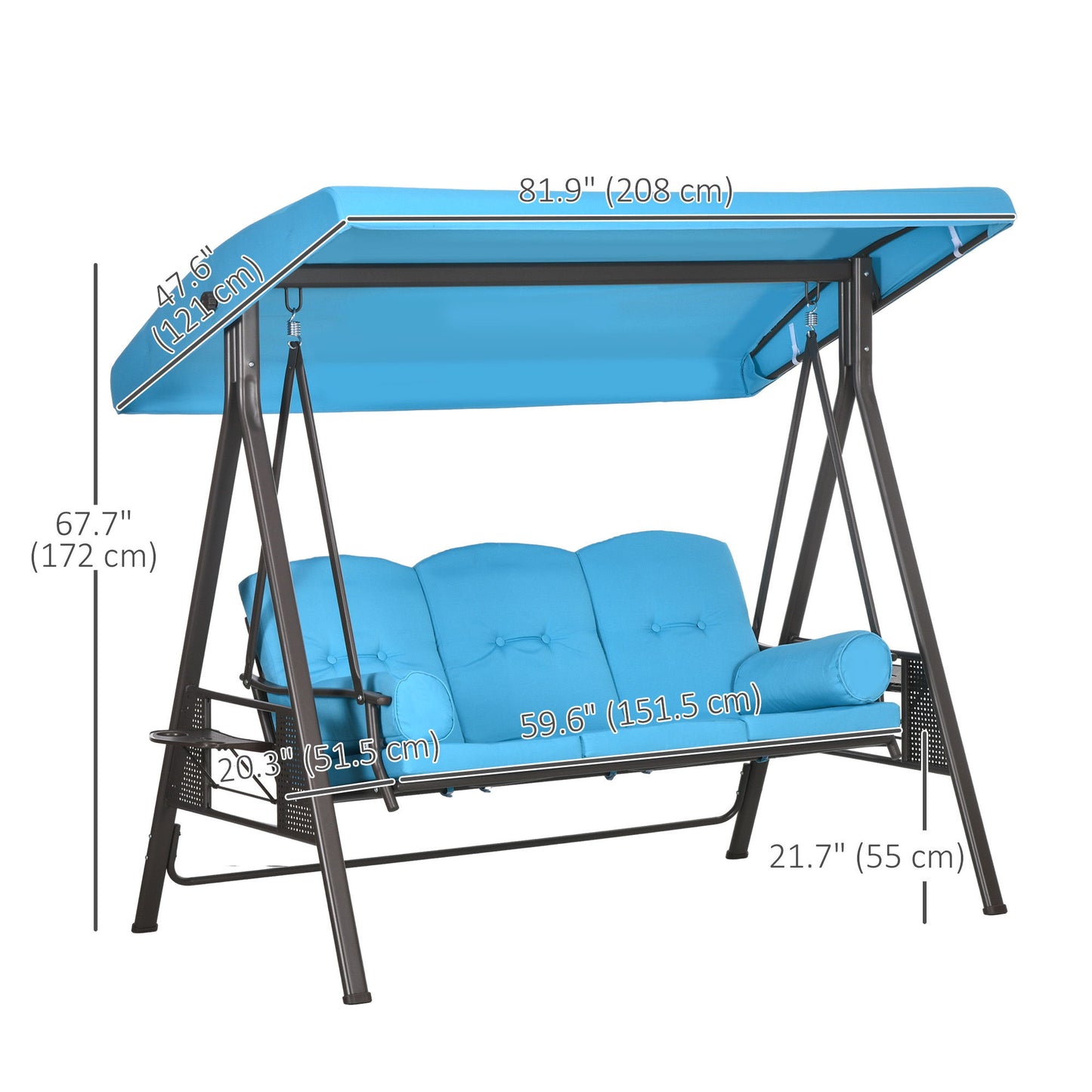 Outdoor Patio 3-Person Steel Canopy Cushioned Seat Bench Swing with Included Side Trays & Padded Comfort, Light Blue