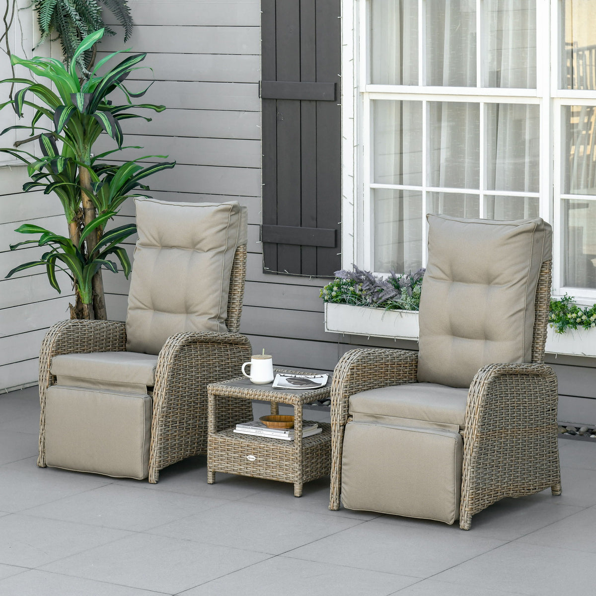 3 Pieces Patio Wicker Bistro Set, PE Rattan Coffee Table & Adjustable Recline Chairs Furniture Set with Cushions and Wood Grain Plastic Top, Khaki