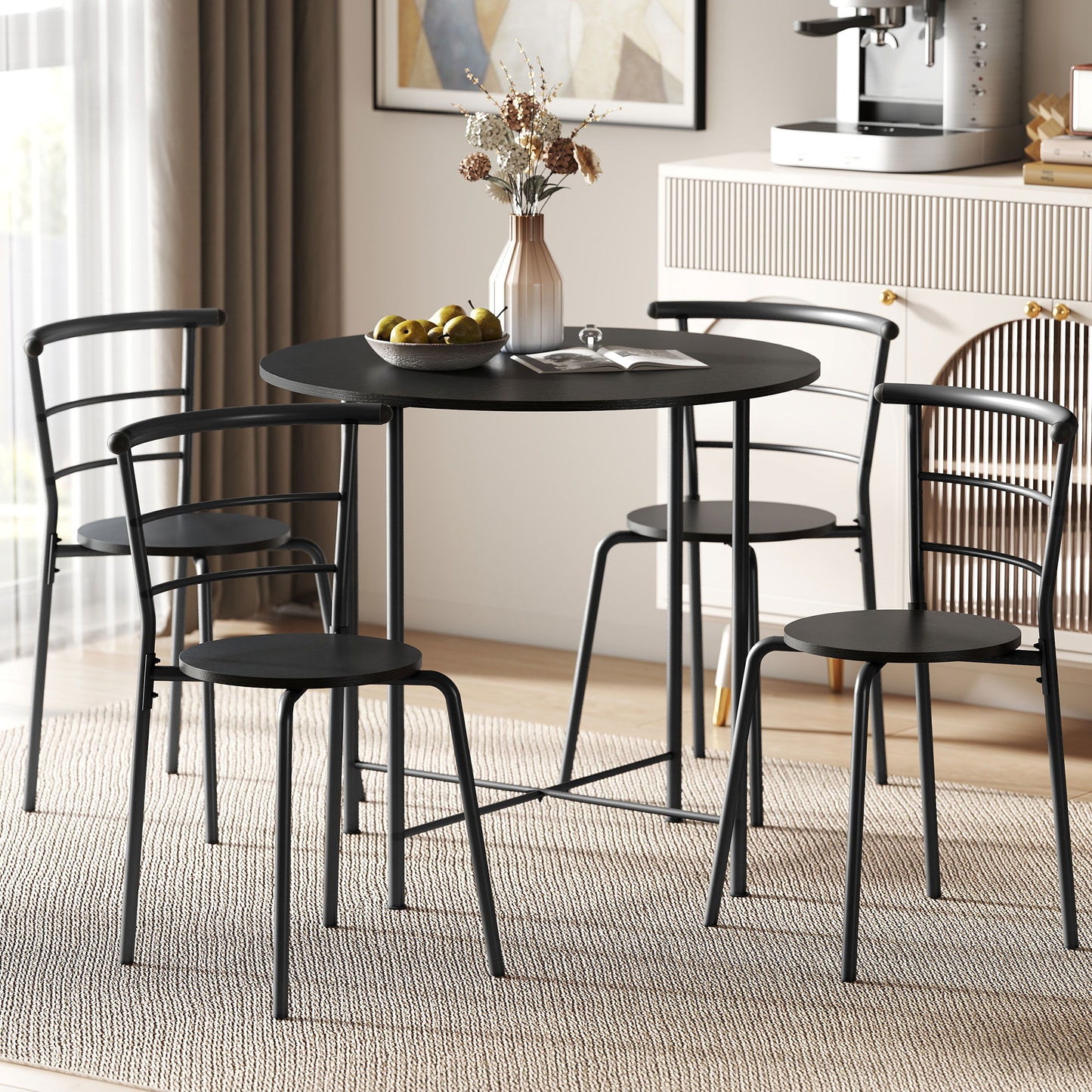 5 Piece Dining Table Set, Space Saving Round Dining Set for 4 with Metal Frame for Small Spaces, Black Wood Grain