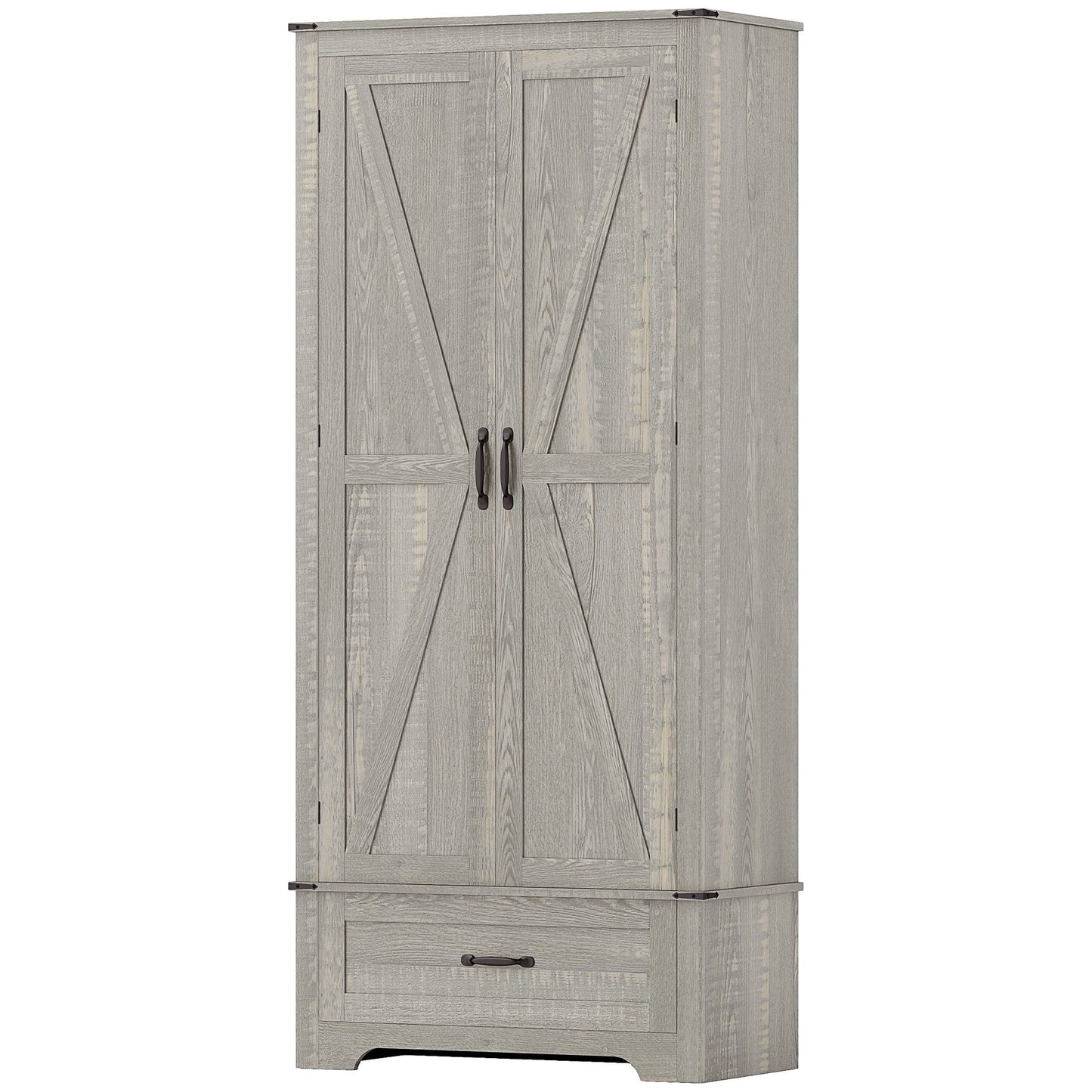 72" Farmhouse Pantry Cabinet with Adjustable Shelves, Kitchen Pantry Cabinet with 2 Doors, Distressed Light Grey