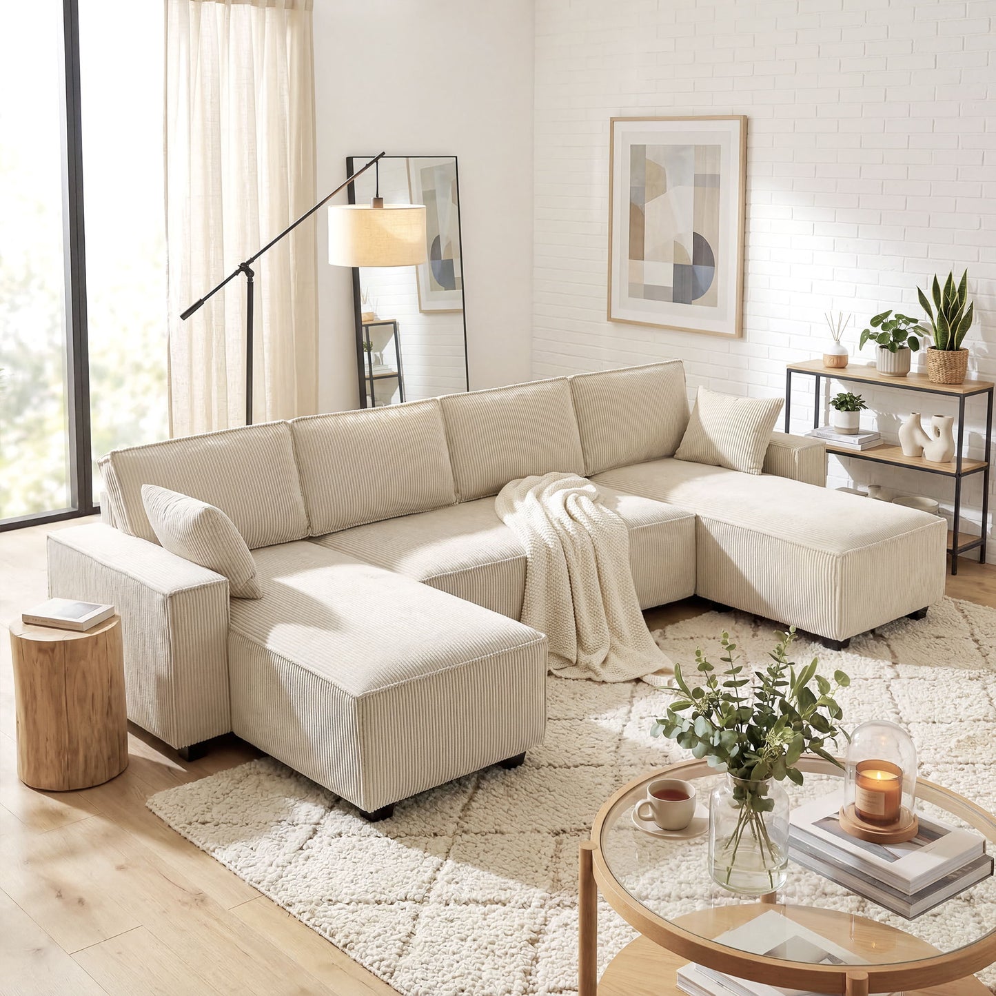 Modular U Shaped Couch, Sectional Sofa with Double Chaises and Spring Cushions, Beige