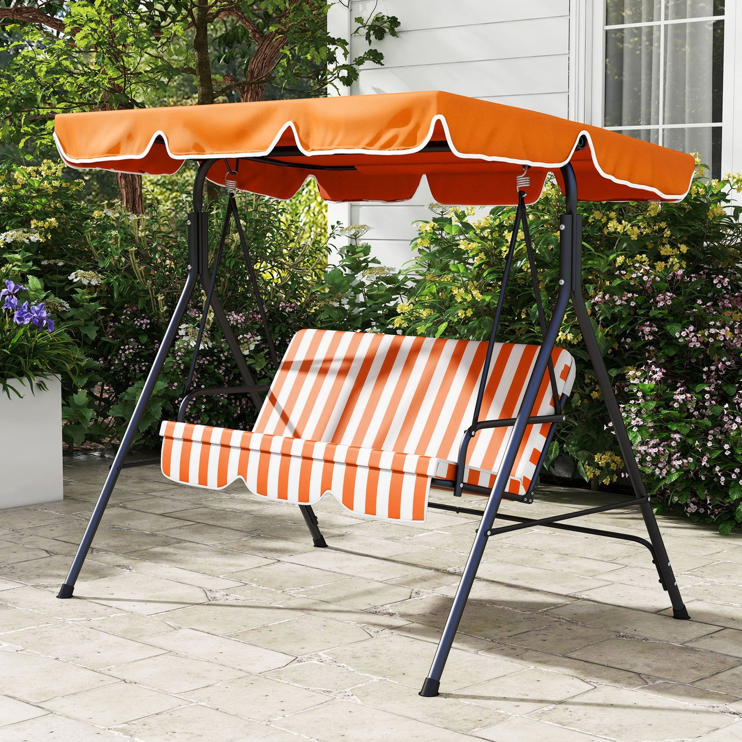 3-Seater Outdoor Porch Swing with Adjustable Canopy, Patio Swing Chair for Garden, Poolside, Backyard, Orange