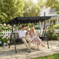 Outdoor 3-Seat Porch Swing with Canopy, Rattan Seat, Removable Cushion, Pillows and Steel Frame