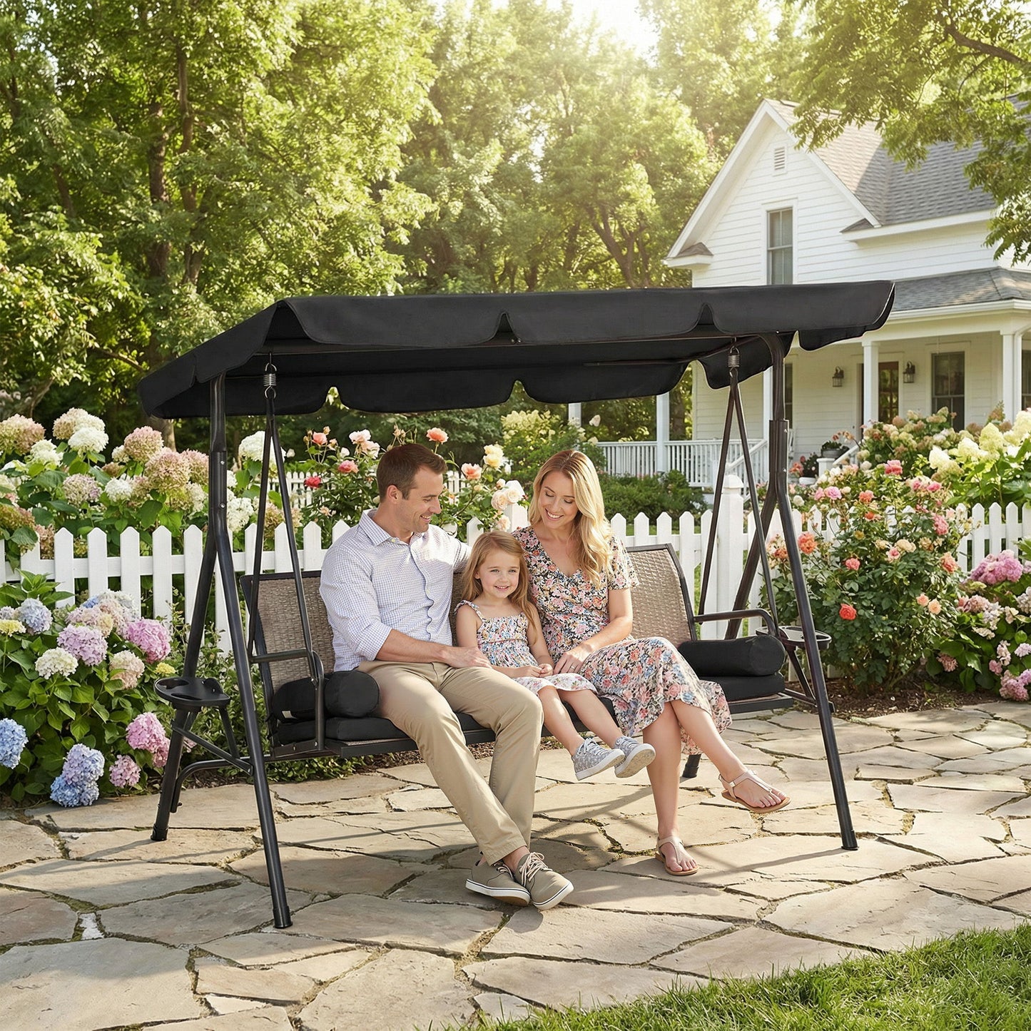 Outdoor 3-Seat Porch Swing with Canopy, Rattan Seat, Removable Cushion, Pillows and Steel Frame