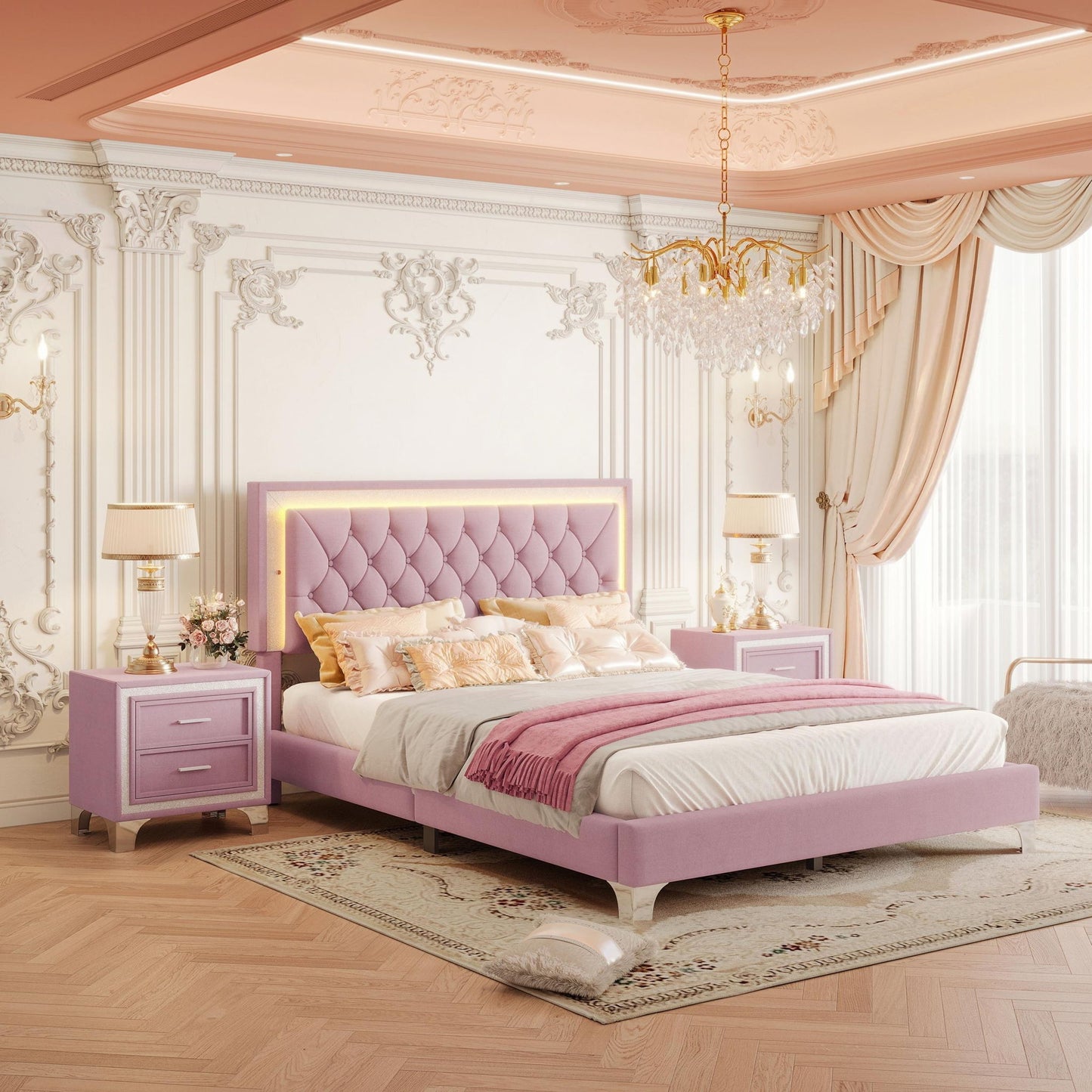 Queen Size Bedroom Set with Upholstered Platform Bed, LED Lights and 2 Nightstands, Bed for Living Room, 84" L x 64" W x 46" H, Pink