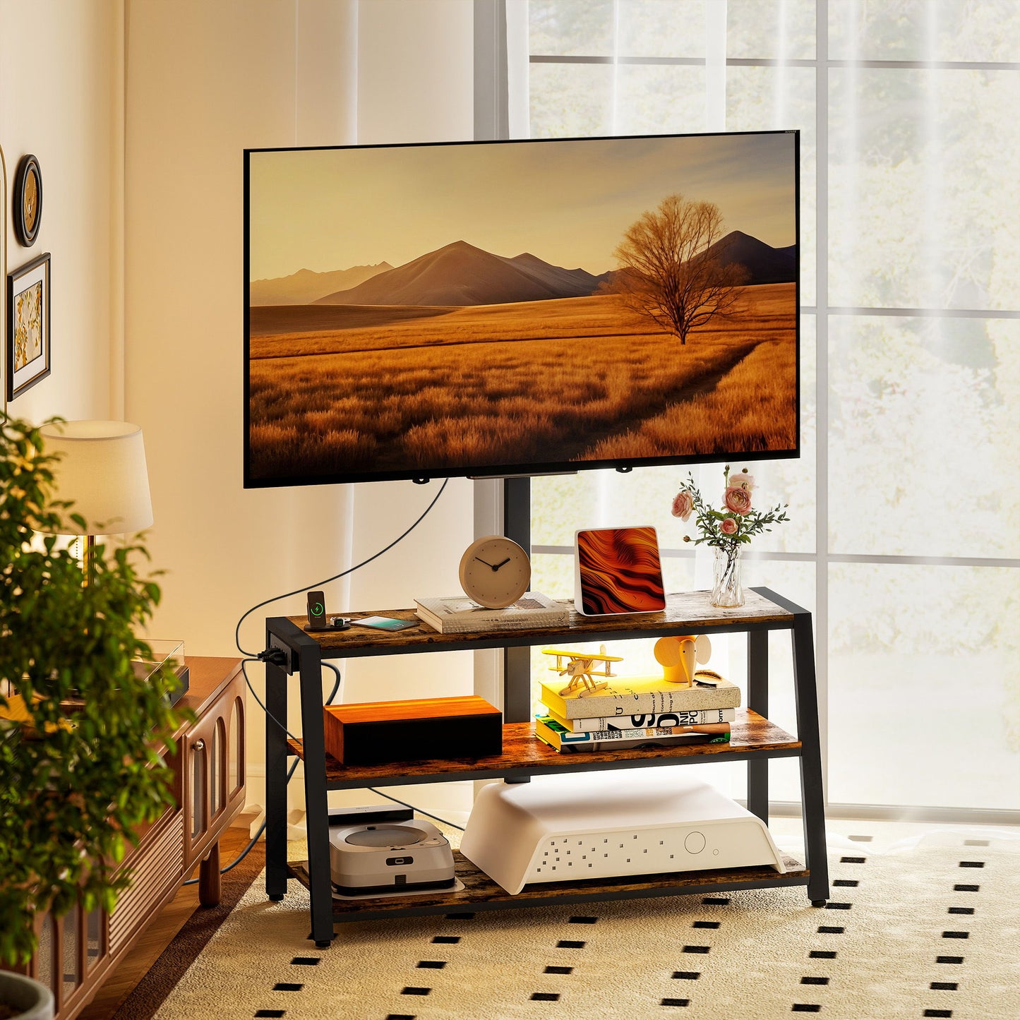 TV Stand with Mount and Power Outlet, Swivel TV Stand Mount with LED Lights for 32-70 Inch TVs for Living Room, Bedroom