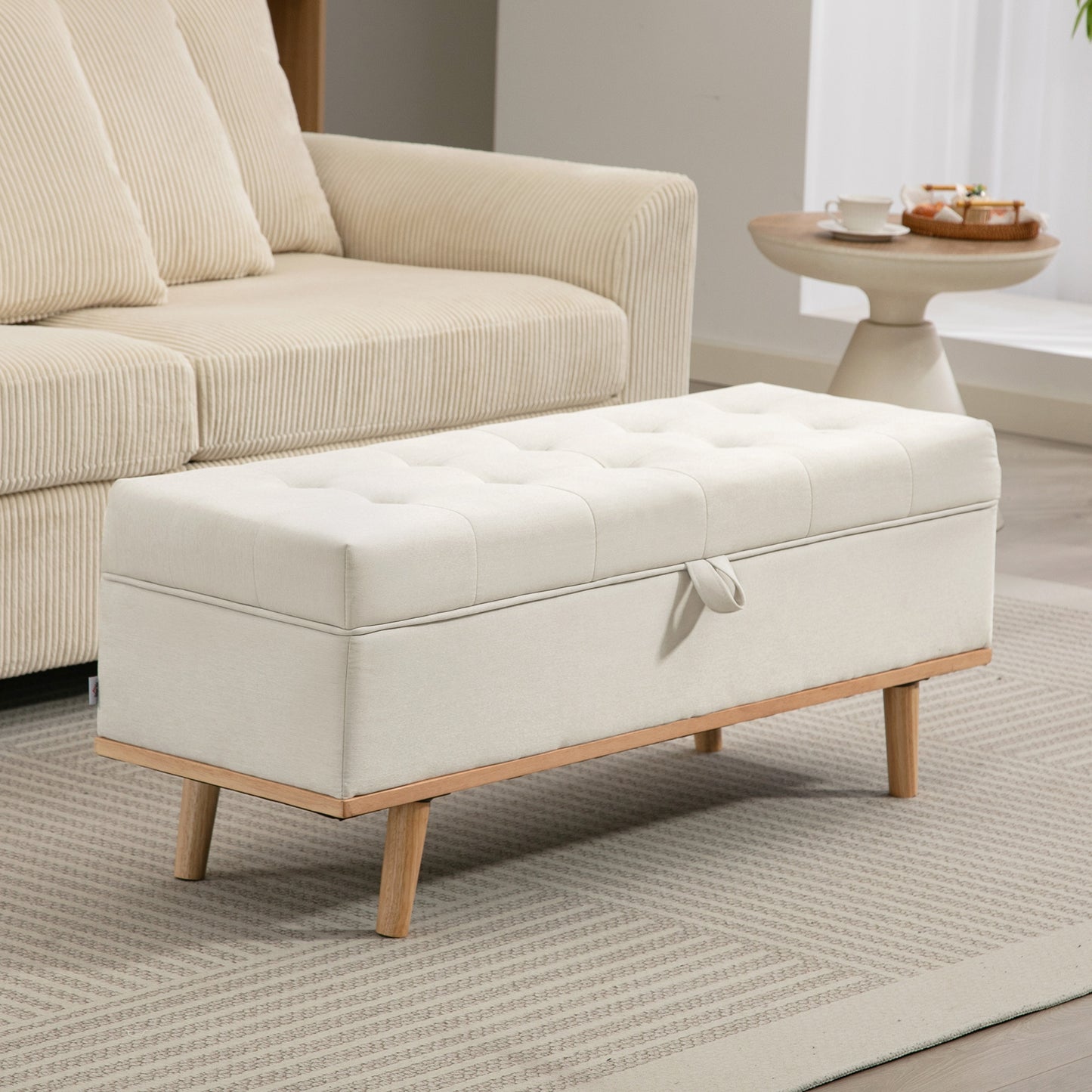 Storage Ottoman Bench, Foot Rest with Lift-Up Lid and Wood Legs, Linen Storage Chest for Living Room, Cream White