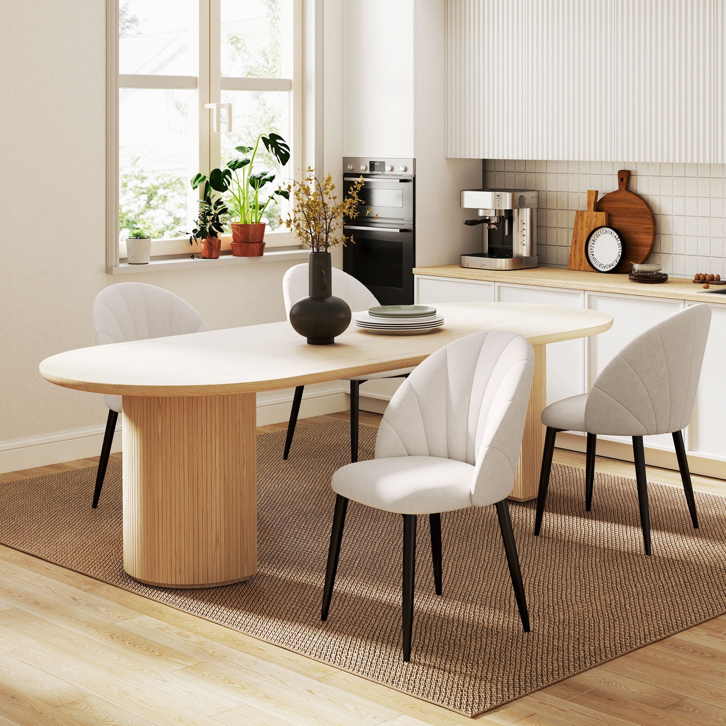 Modern Dining Chairs Set of 4, Upholstered Dining Room Chairs with Metal Legs, Shell Backrest, Padded Seat, Cream White