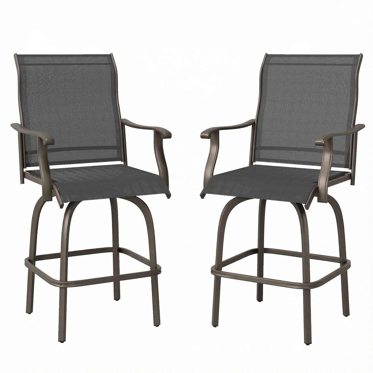 Outdoor Bar Stools Set of 2, Swivel Bar Height Chairs with High Back, Curved Armrests and Steel Frame, Black