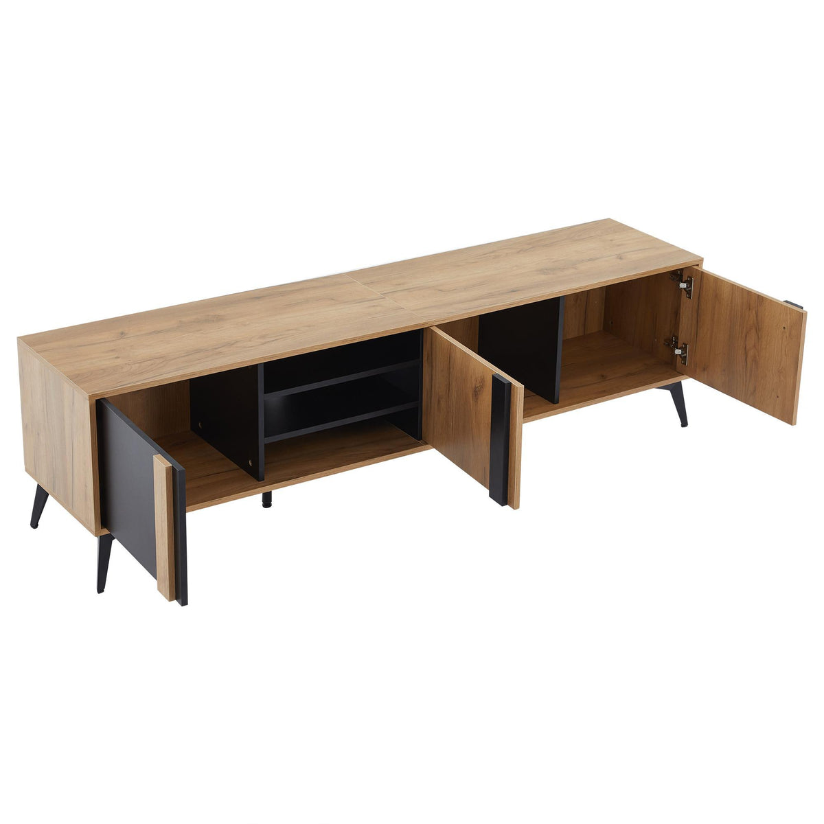 Modern TV Stand with 3 Doors and 3-Tier Open Shelving, Spacious TV Entertainment Center for Living Room, 70.5" L x 15.5" W x 19.5" H, Wood