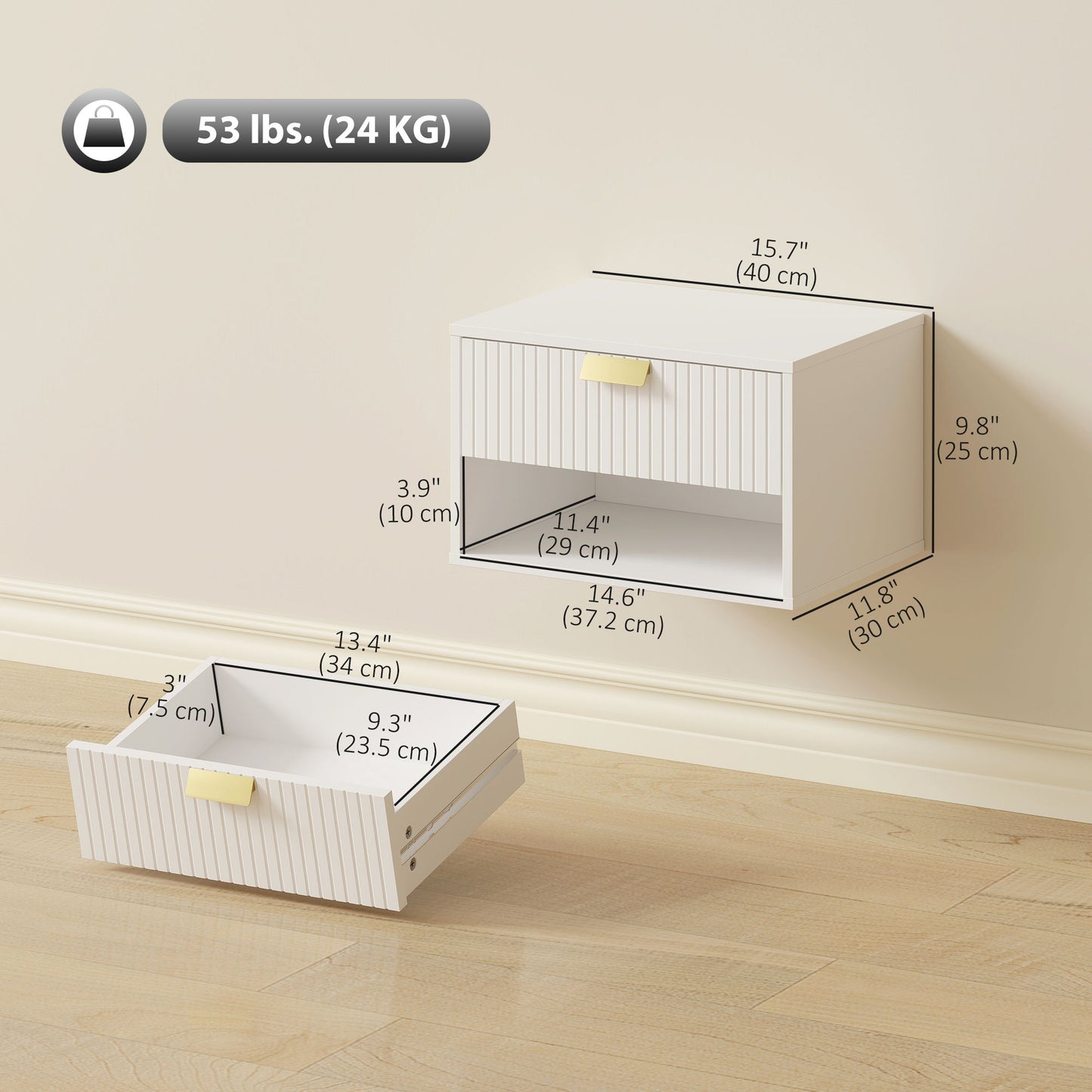 Set of 2 Wall Mounted Bedside Tables, Floating Nightstands with Fluted Drawer and Open Shelf for Bedroom, White