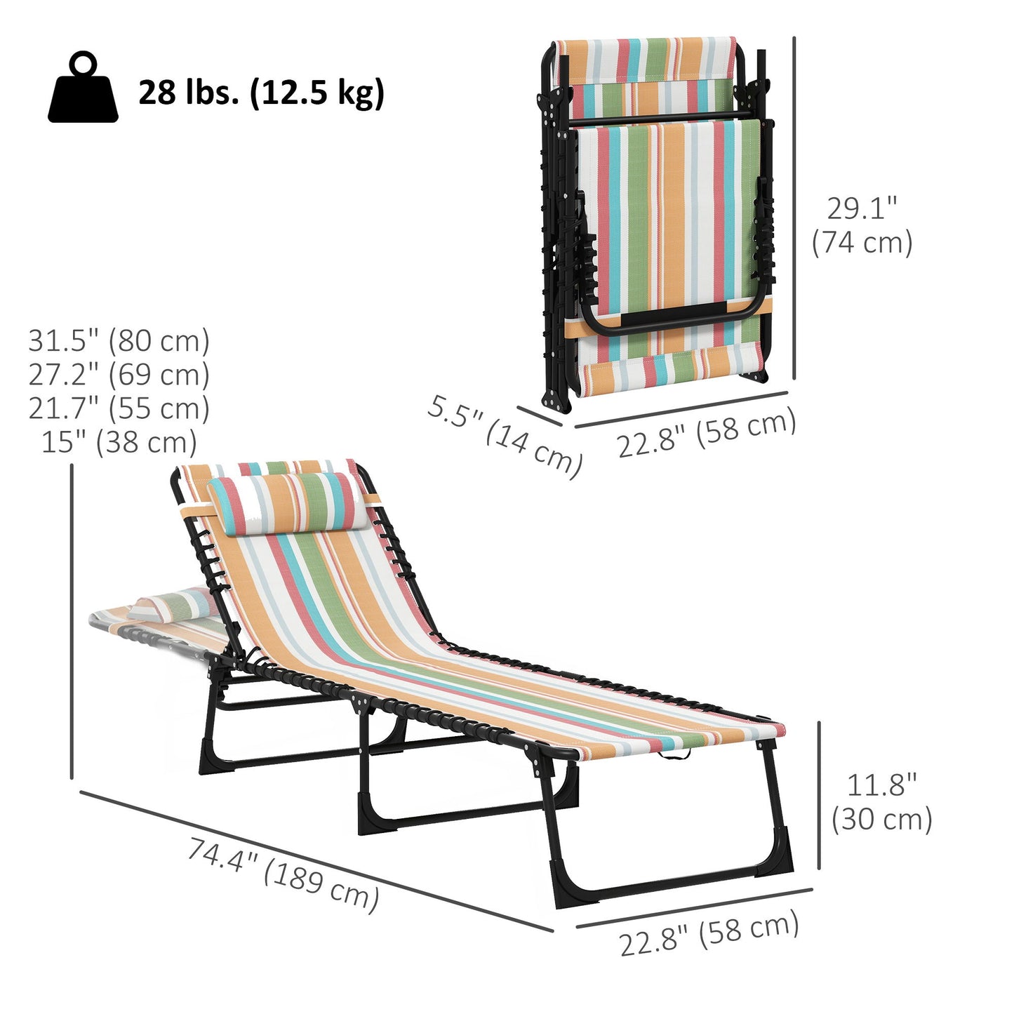 2pcs Folding Lounge Chair, Adjustable Chaise Lounge with Headrest, Reclining Lounger Cot for Camping, Multi-colored