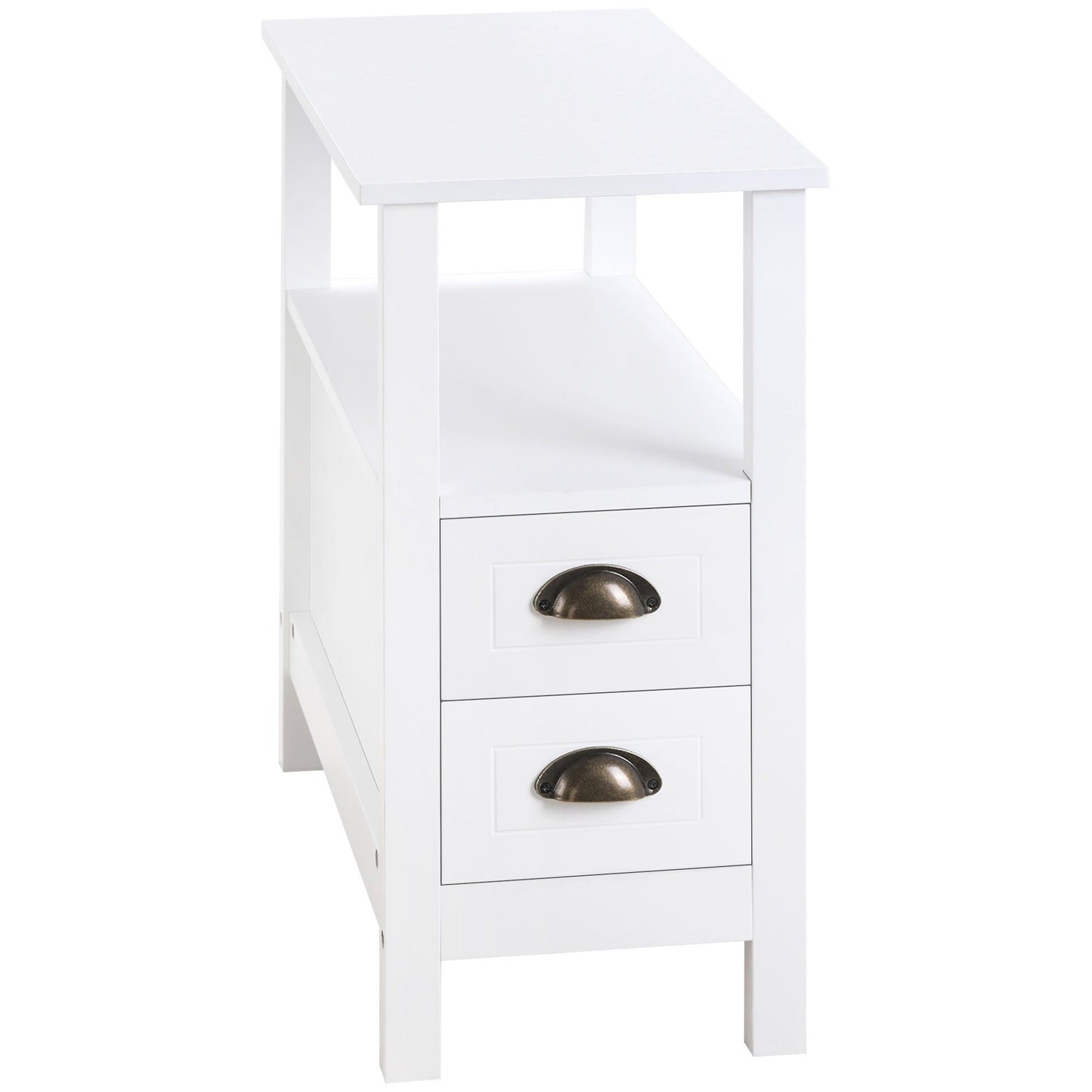 Slim End Table with 2 Drawers and Shelf - White