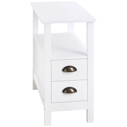 Slim End Table with 2 Drawers and Shelf - White