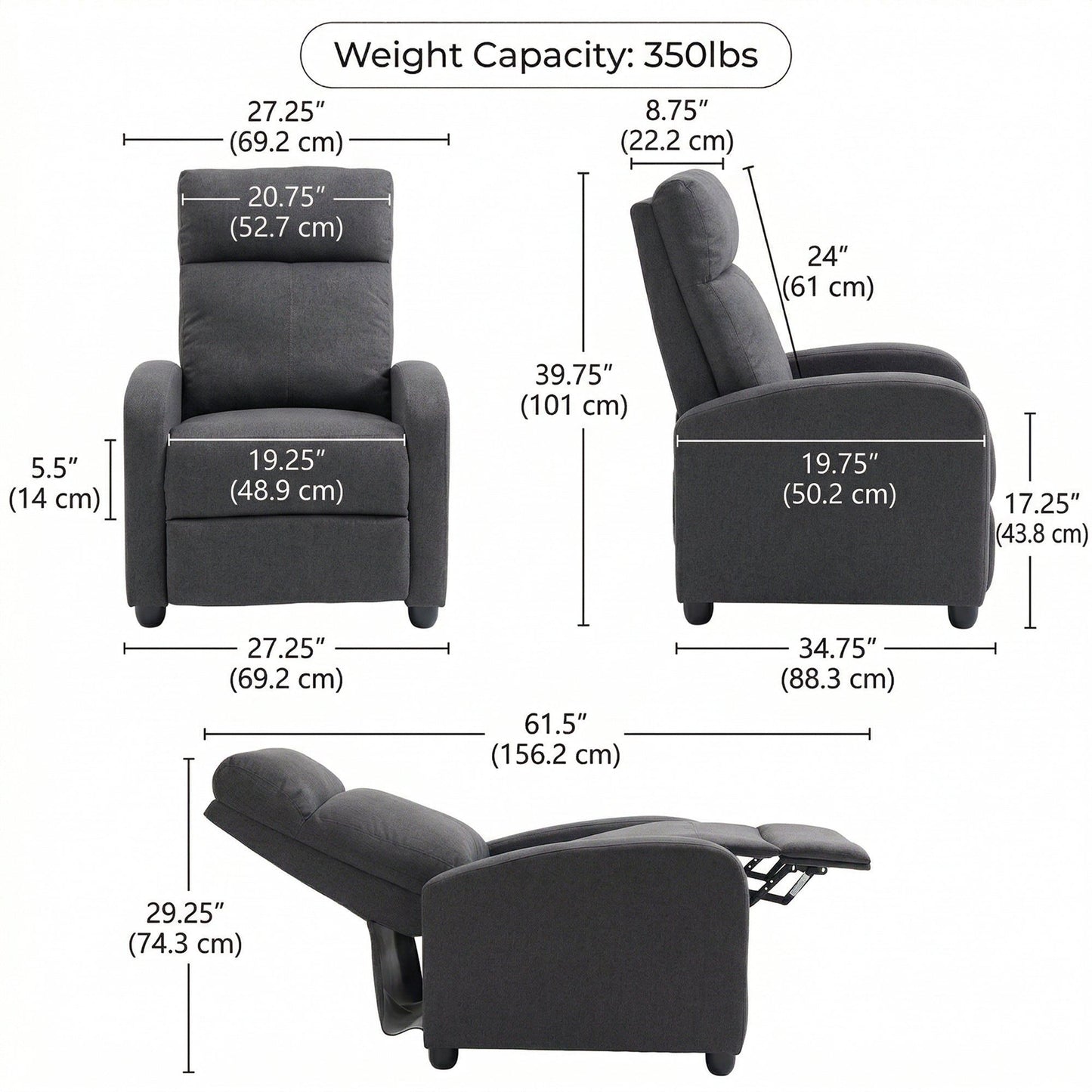 Fabric Manual Recliner Chair - Dark Grey