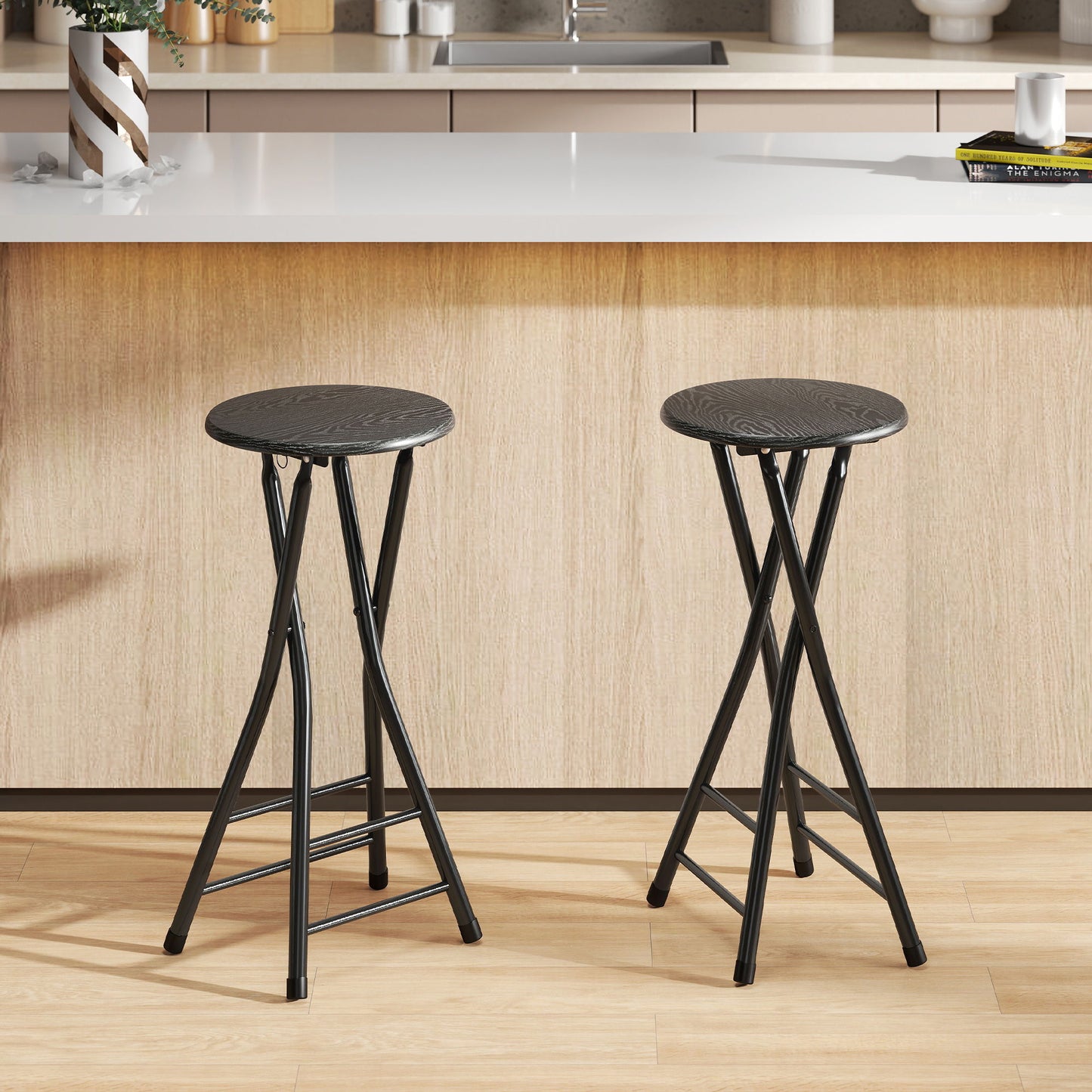 Set of 2 Foldable Barstools, Counter Height Bar Stools with Footrest and Steel Legs for Kitchen Island, Black