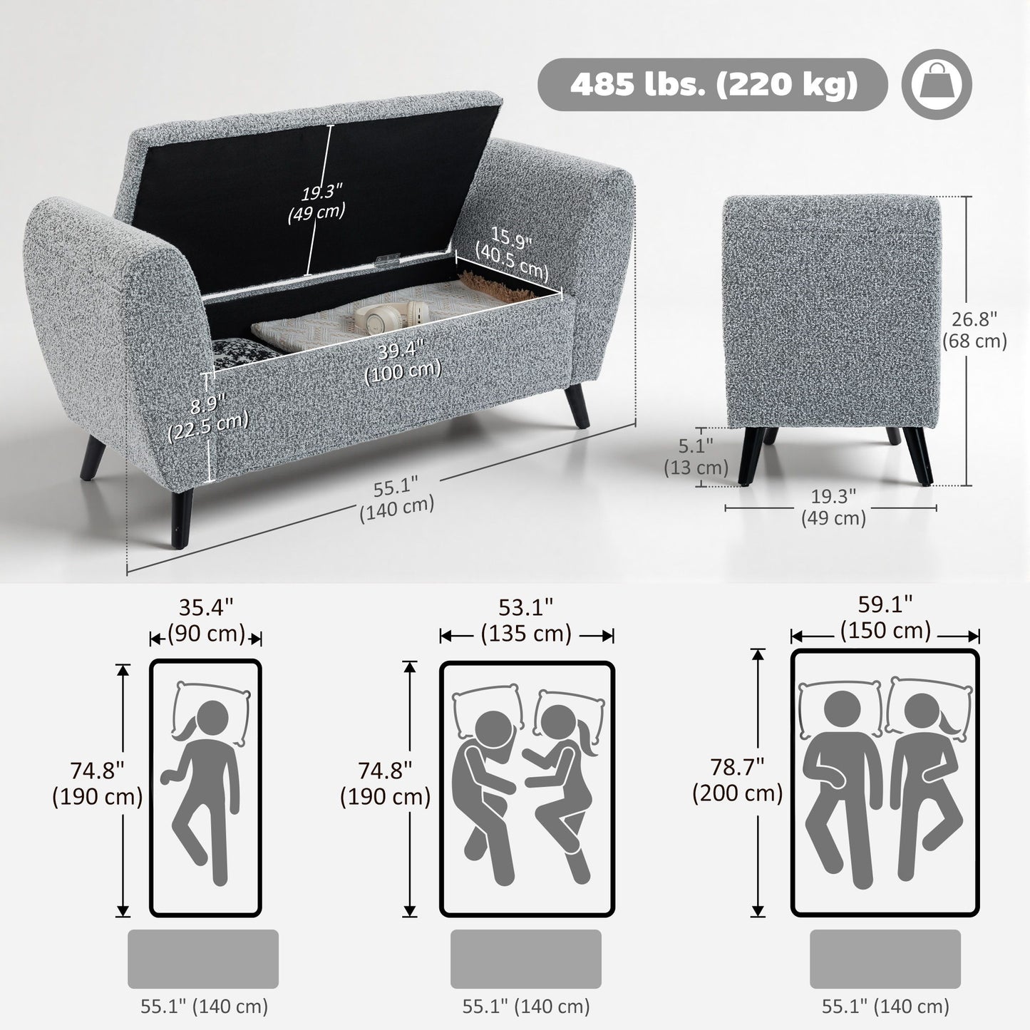Upholstered Storage Bench with Arms, Modern Ottoman Bench for Bedroom, Entryway, and Living Room, Grey