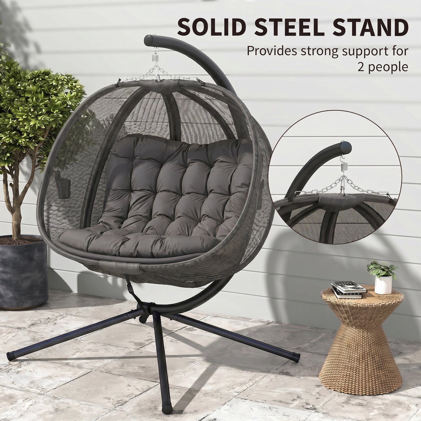 Double Egg Chair with Stand, 2 Person Hanging Swing Egg Chair with Cushion, Pockets, Grey
