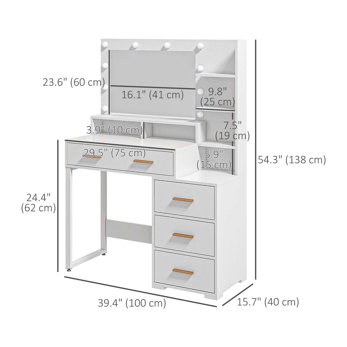 Illuminated Dresssing Table, LED Vanity Table with Mirror, Drawer and Storage Shelves for Bedroom, White