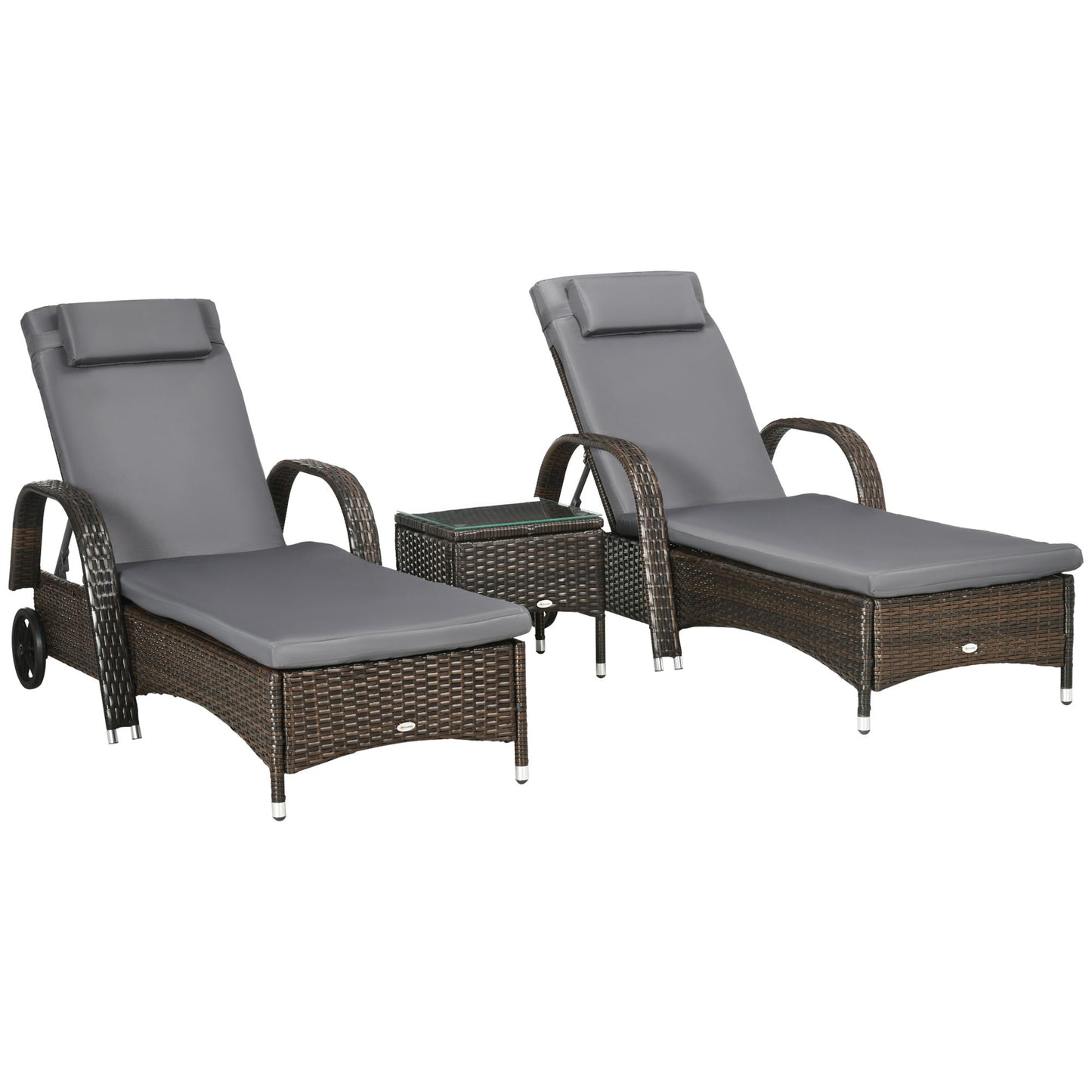 3 Pieces Wicker Patio Lounger Set with Table, PE Rattan Outdoor Lounge Chair Set with Cushions, Wheels, 5-Level Reclining Backrest, Headrest, Brown/Dark Grey