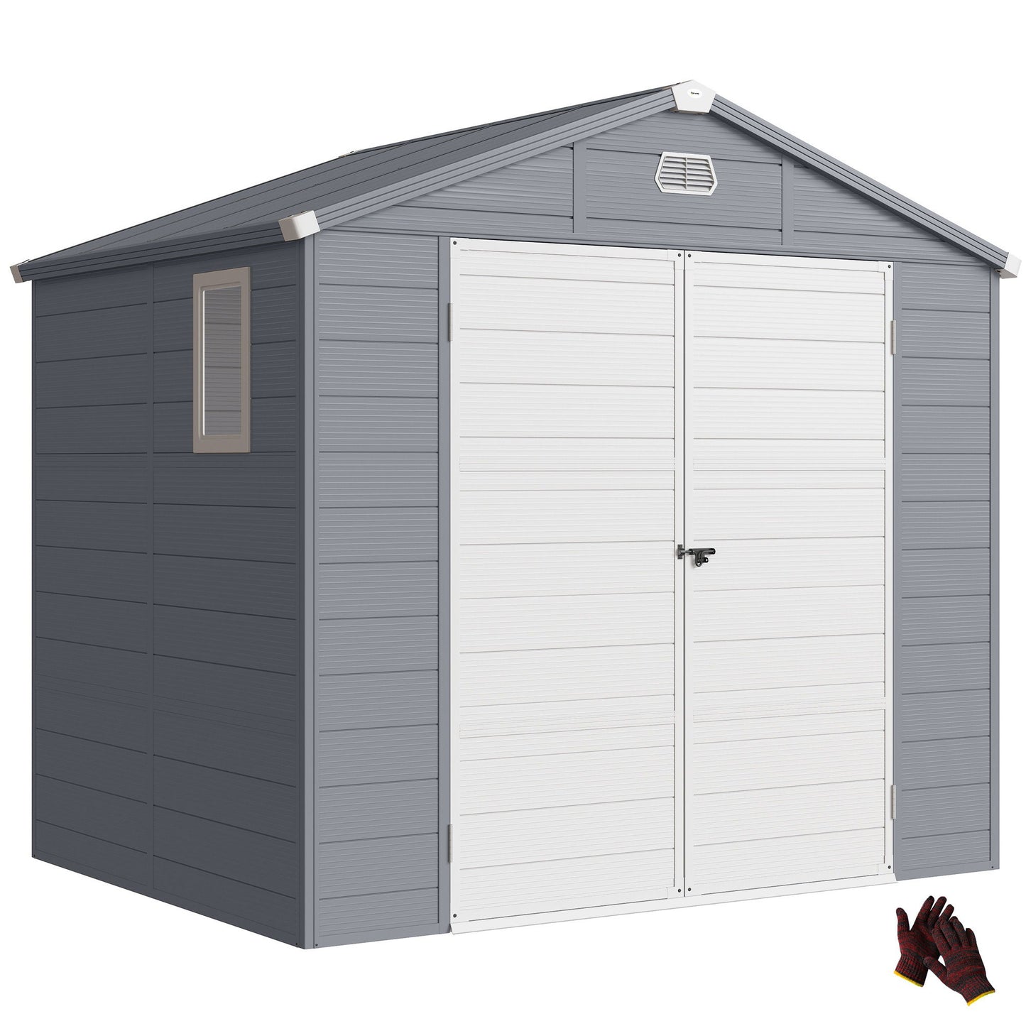 8' x 6' Plastic Garden Storage Shed with Latch Door, Vents, Sloped Roof, Dark Grey