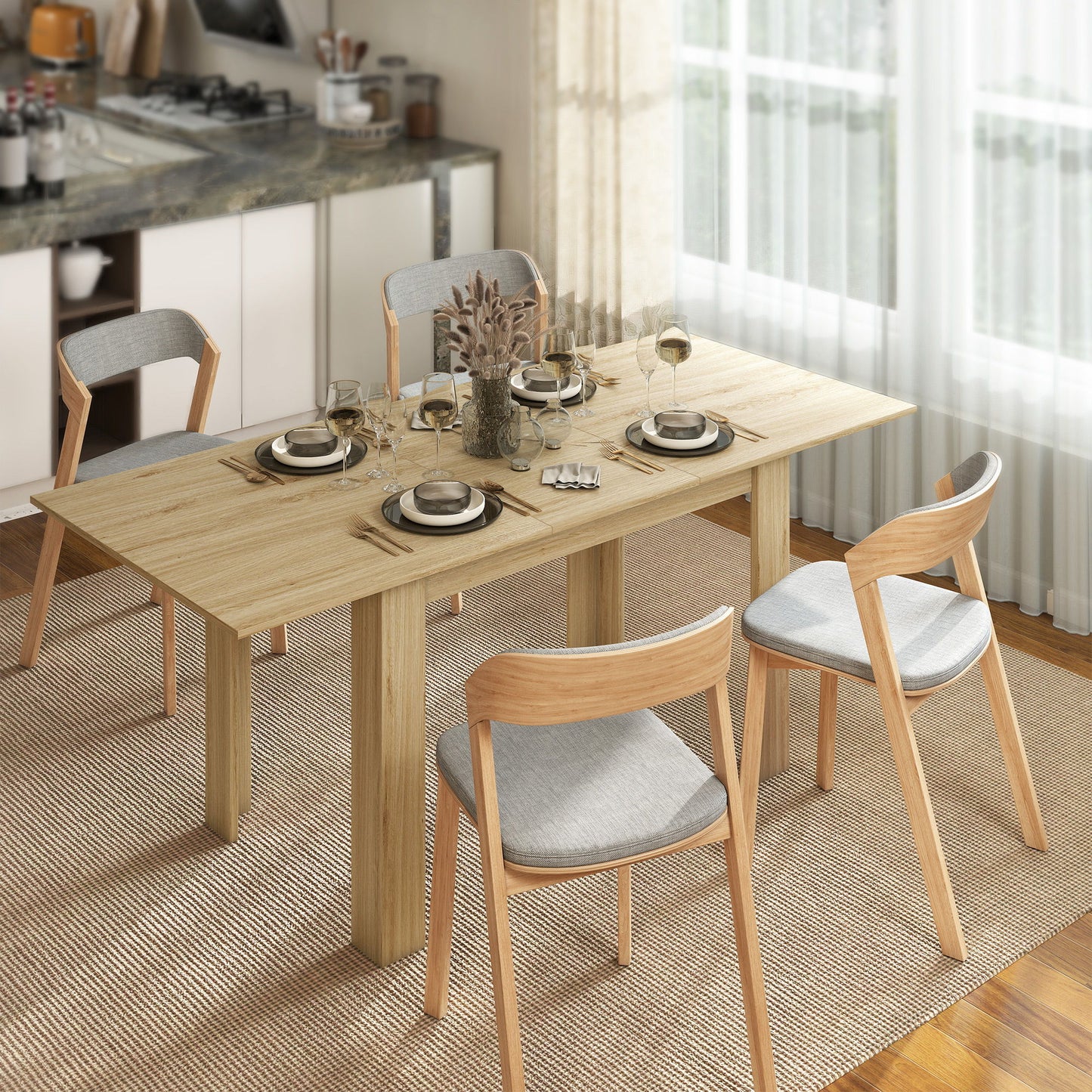 Modern Extendable Dining Table, 55.1 x 31.5 in, for 6-8 People, Expandable Dining Table for Kitchen, Natural Wood