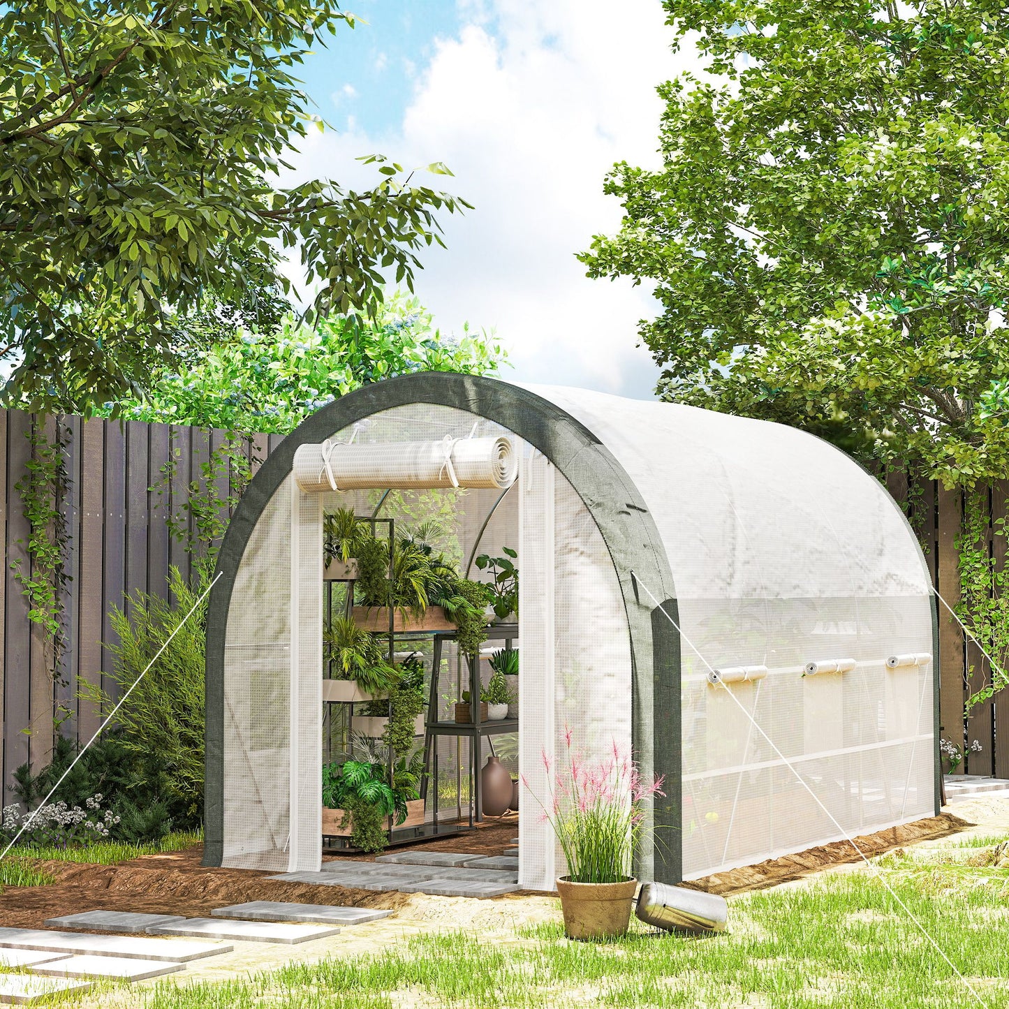Upgraded Tunnel Greenhouse Green House with Mesh Door and Windows, 6 Plant Labels and Gloves, White