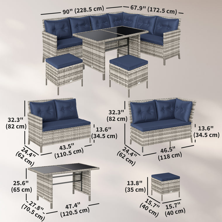 Deep Blue 6-Piece Rattan Sofa Set with Dining Table