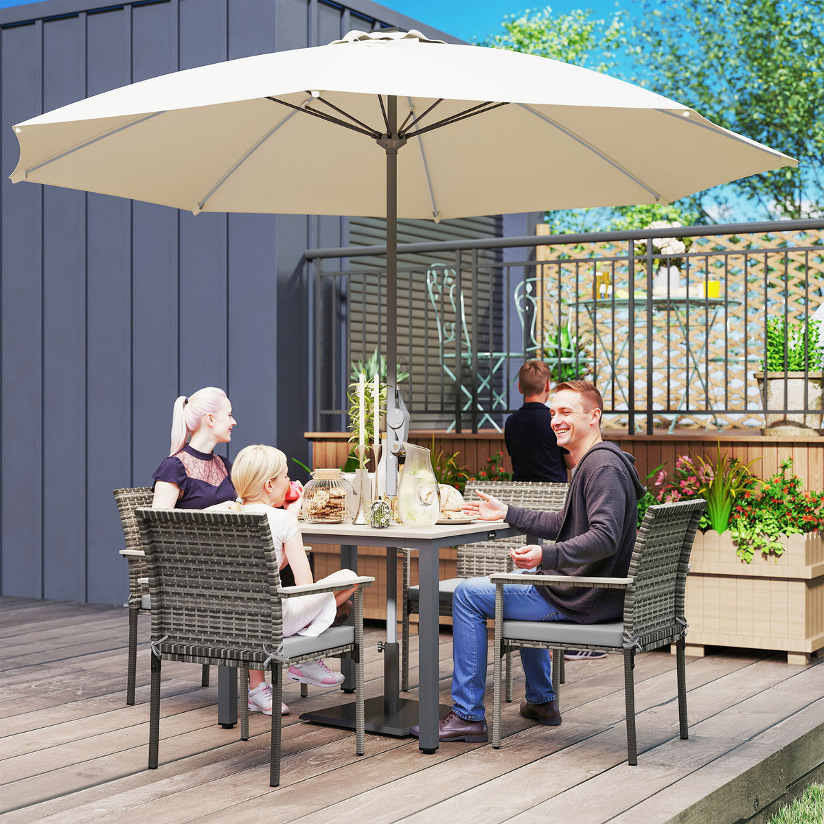5 Pieces Wicker Outdoor Furniture Set, Rattan Patio Dining Set with Cushions, Umbrella Hole for Garden Backyard, Grey