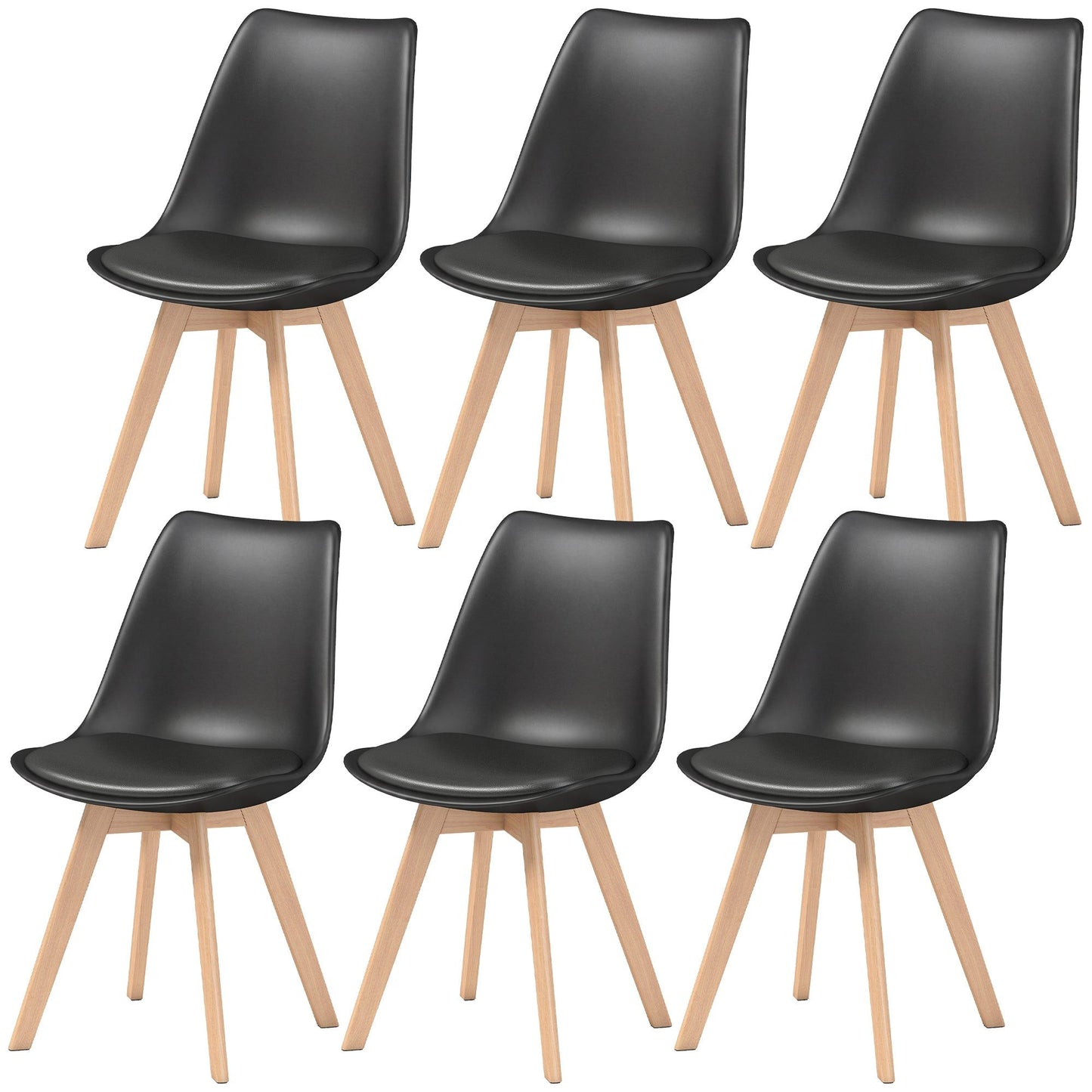 Wood Dining Chairs Set of 6 with PU Leather Seat - Black