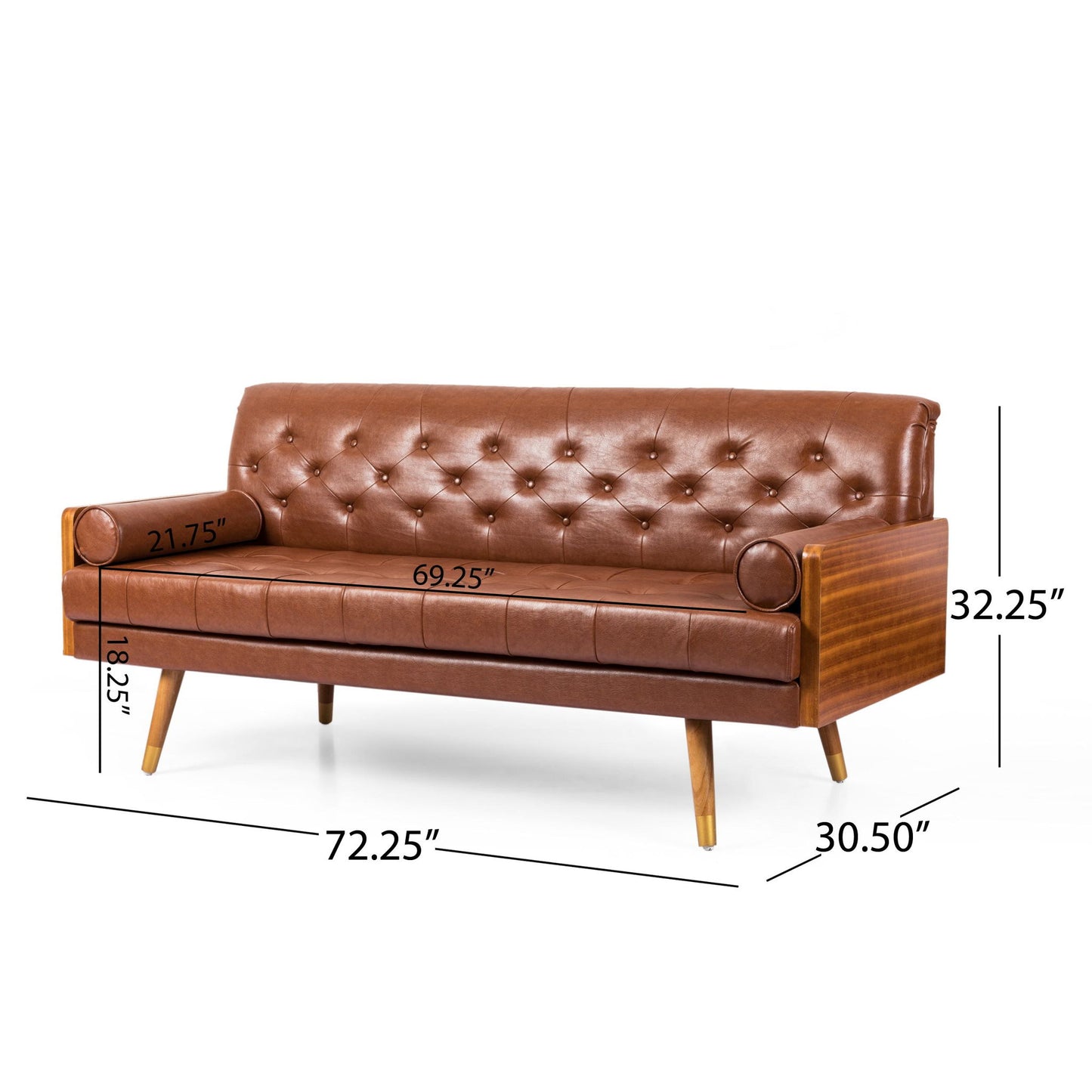 Adelaide Mid-Century Tufted Sofa with Rolled Accent Pillows, Daybed with Gold Tipped Rubberwood Legs, 72'' L x 30.5'' W x 32'' H, Light Brown