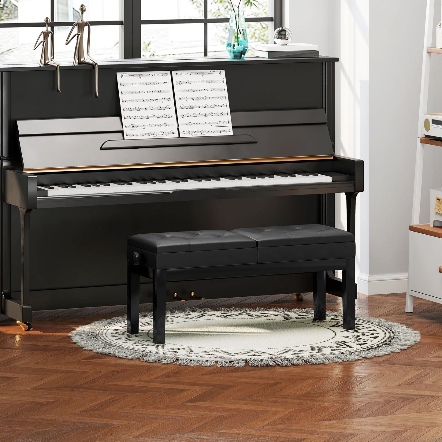 Piano Bench with Storage, Height Adjustable Piano Stool, PU Leather Tufted Keyboard Seat, Black