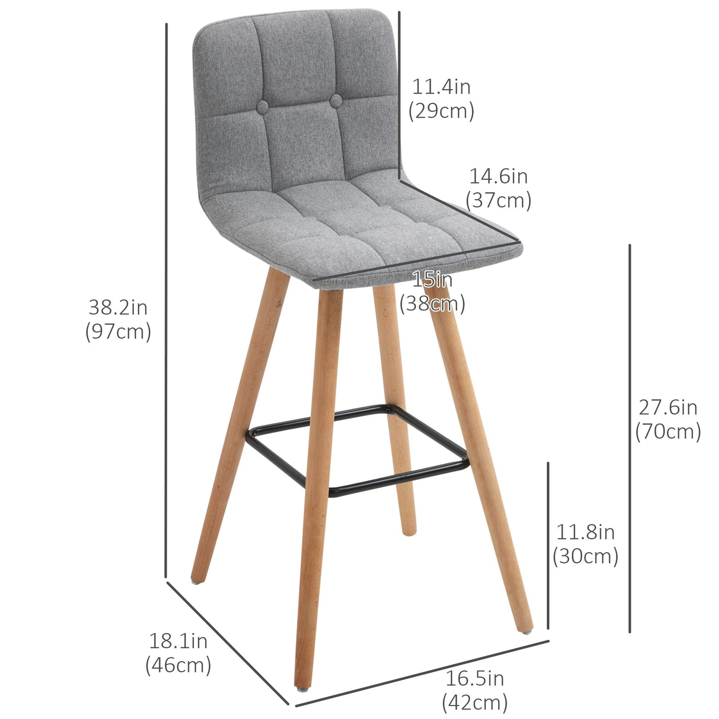 Modern Bar Stools Set of 2, 38" Upholstered Kitchen Island Stool with Solid Wood Legs, Grey
