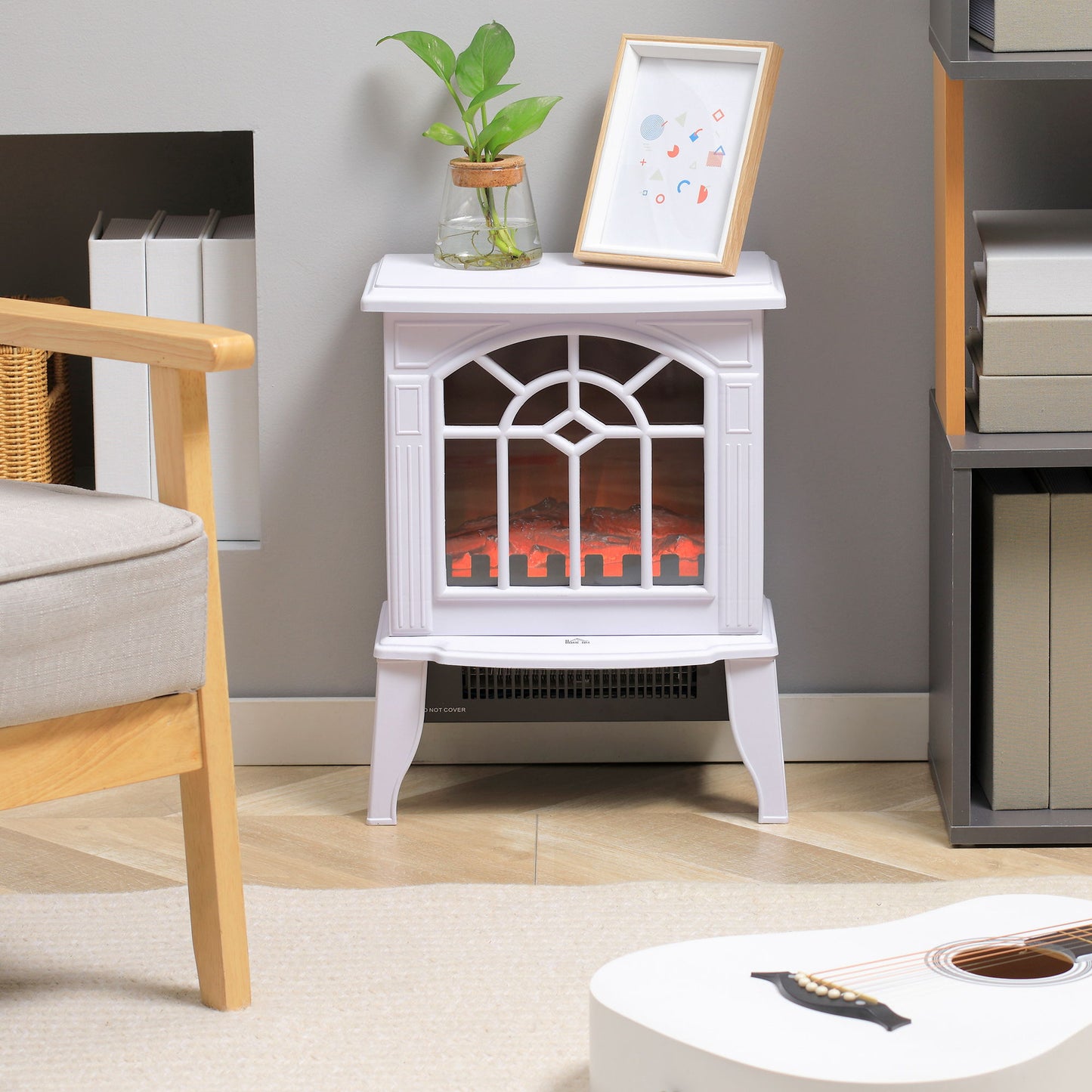 Electric Fireplace Heater, Freestanding Fireplace Stove with Realistic Flame and Overheat Protection, 750W/1500W, White