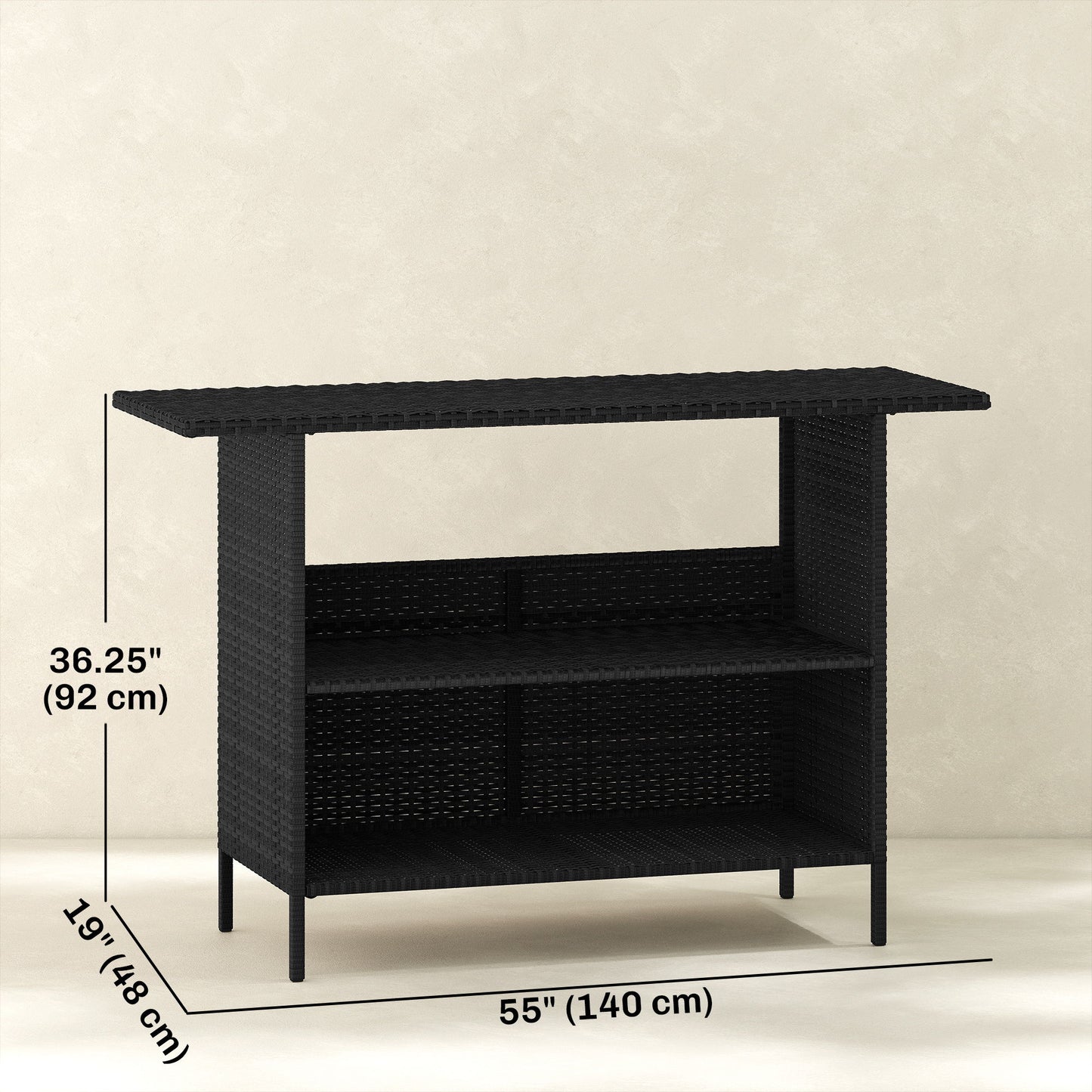 Wicker Outdoor Bar Table, PE Rattan Bar Height Patio Table with 2 Shelves, Steel Frame for Garden, Backyard, Black