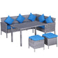 5 Pieces Wicker Patio Conversation Dining Furniture Set with Cushions, Table and Ottomans, Bright Blue