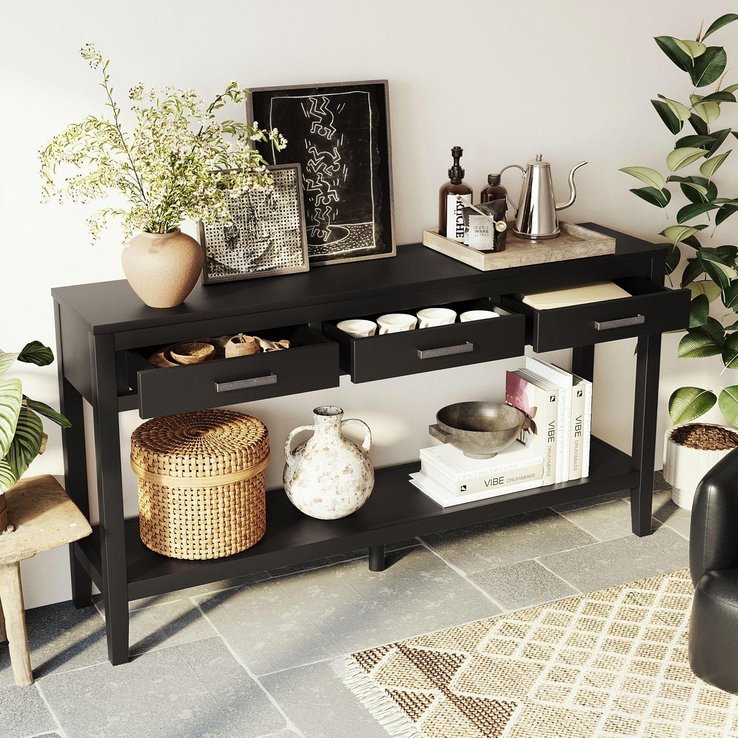 Farmhouse Entryway Table with Wide Top and Open Bottom Shelf, Minimalist Console with Adjustable Feet, 59'' L x 14'' W x 31.5'' H, Black