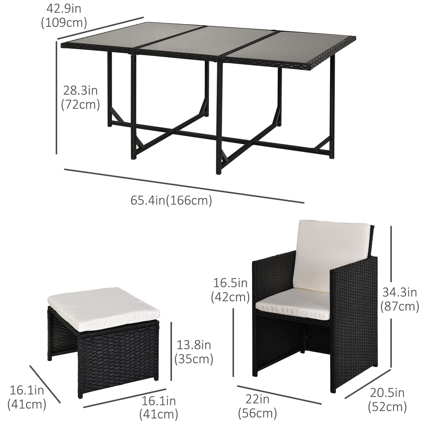 11 Pieces Wicker Patio Dining Set, Space-saving Outdoor Furniture Set with Removable Cushions, Glass Top Dining Table, 6 Armchairs, 4 Ottomans, PE Rattan Conversation Set