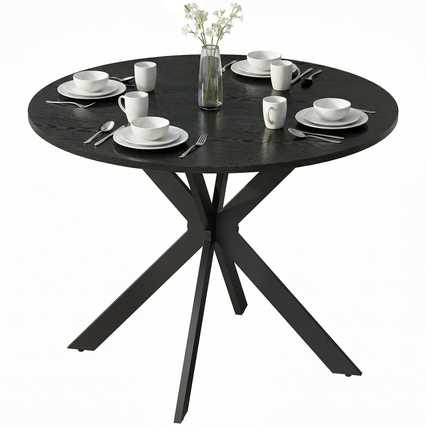 39" Dining Table, Contemporary Round Kitchen Table with Steel Legs, Black Wood Grain