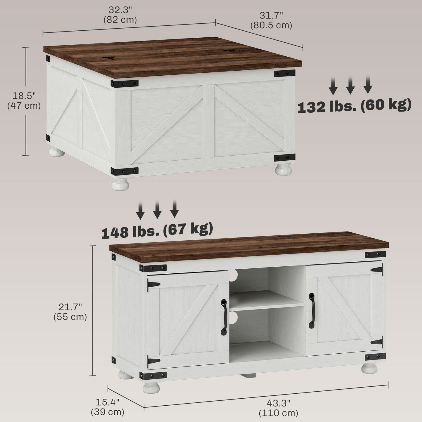 TV Stand and Coffee Table Set, TV Console Table for up to 50" TV, Center Table with Hinged Lift Top, Distressed White