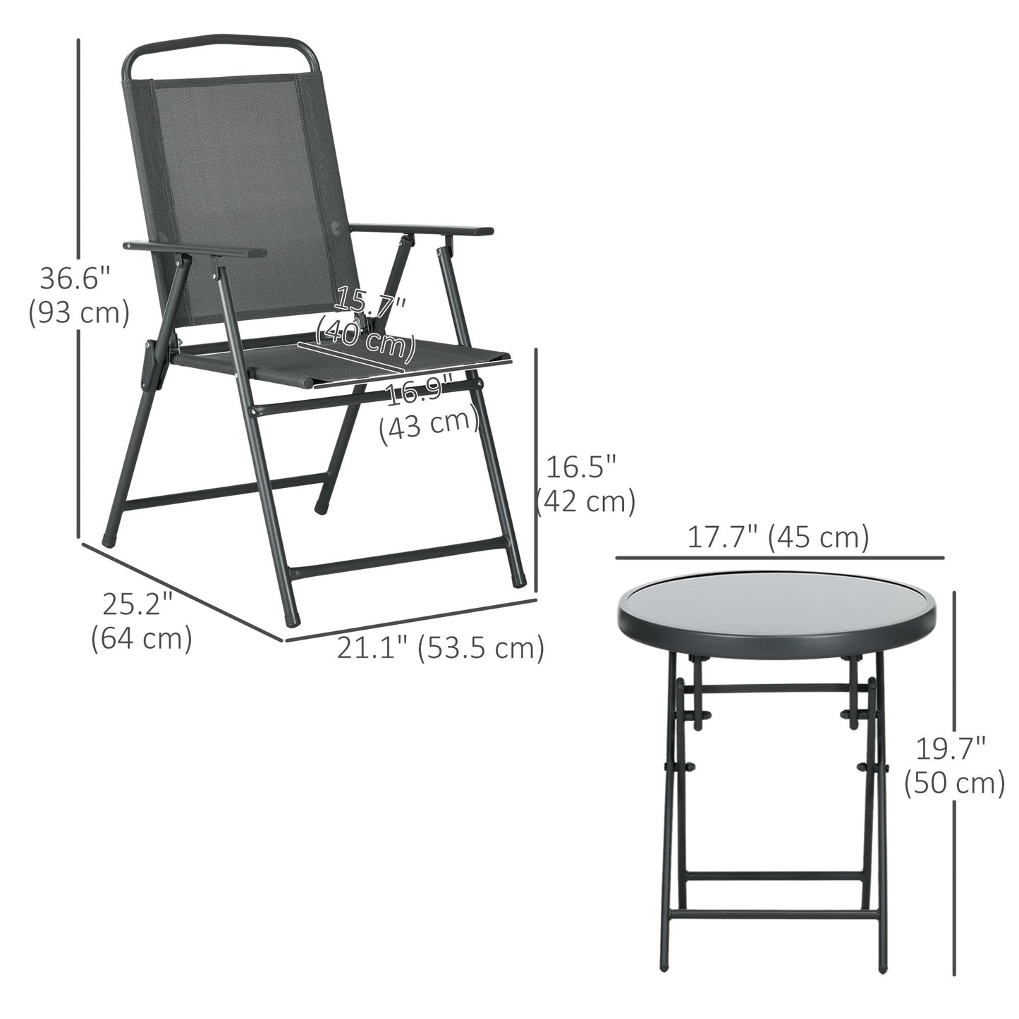 3 Pieces Bistro Set, Foldable Patio Furniture Set with Mesh Chairs, Glass Table for Garden, Balcony, Charcoal Grey