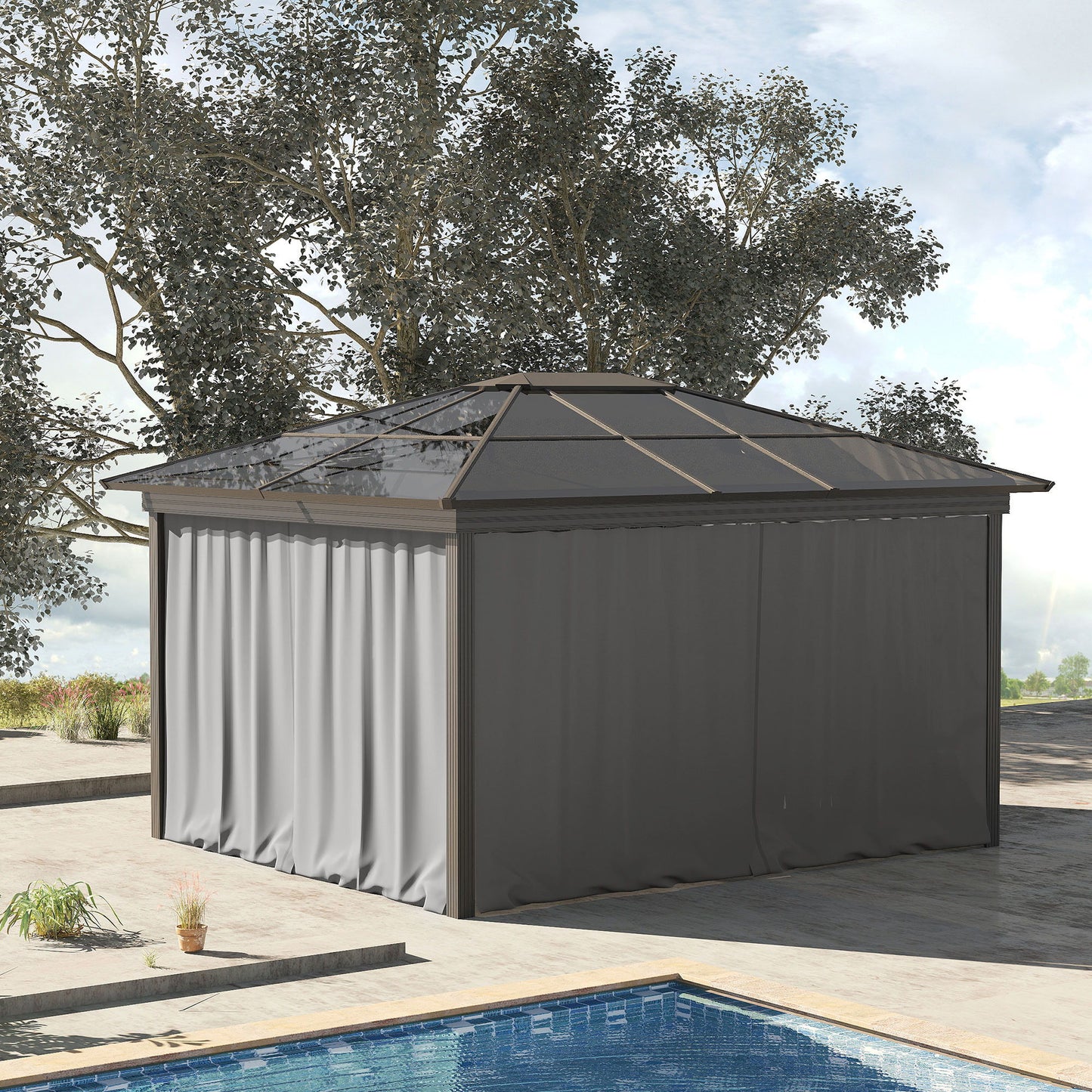 Gazebo Curtains, 10' x 10' Universal Replacement Privacy Curtain, 4-Panels Sidewall with Hooks/C-Rings, Light Grey